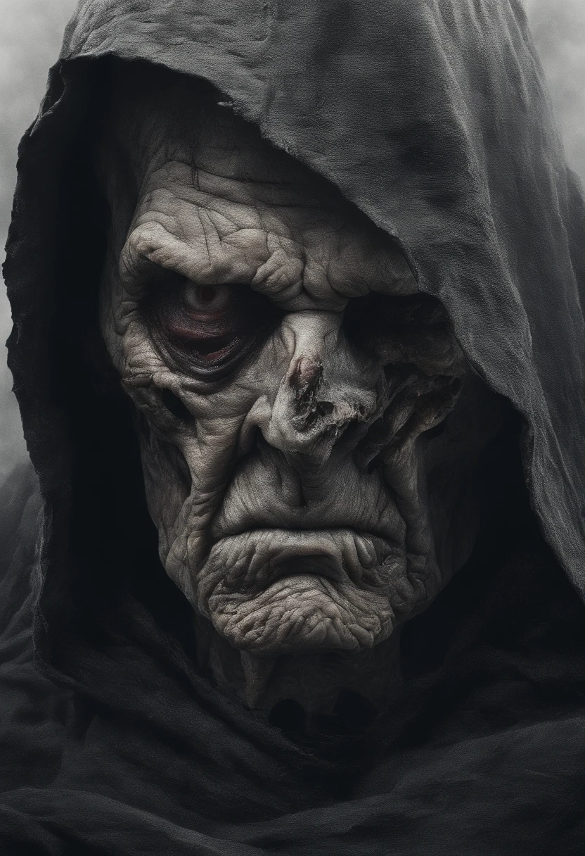 very old man, Looks like a corpse, Half of his face was deformed, Beggar, Dirty, angry look, Short gray hair, Pale and wrinkled skin, Yellowing of the pupils, Hunchback position, Waist up, Penetrating power and evil expression, long black cape, Torn clothes, Raven feather cloak on the back, The left side of the body is covered with straps and hood, Heavy fog, Dark gas station, Horror, fear, Scary, suspense, mysterious