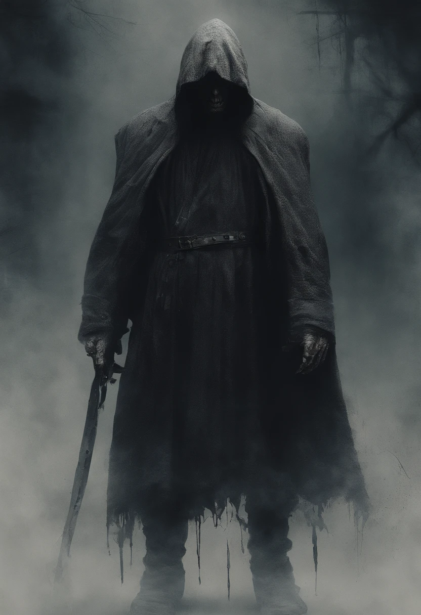 very old man, Looks like a ??????, Half of his face was deformed, Beggar, Dirty, angry look, Short gray hair, Pale and wrinkled skin, Yellowing of the pupils, Hunchback position, Waist up, Penetrating power and evil expression, long black cape, Torn clothes, Raven feather cloak on the back, The left side of the body is covered with straps and hood, Heavy fog, Dark gas station, Horror, fear, Scary, suspense, mysterious