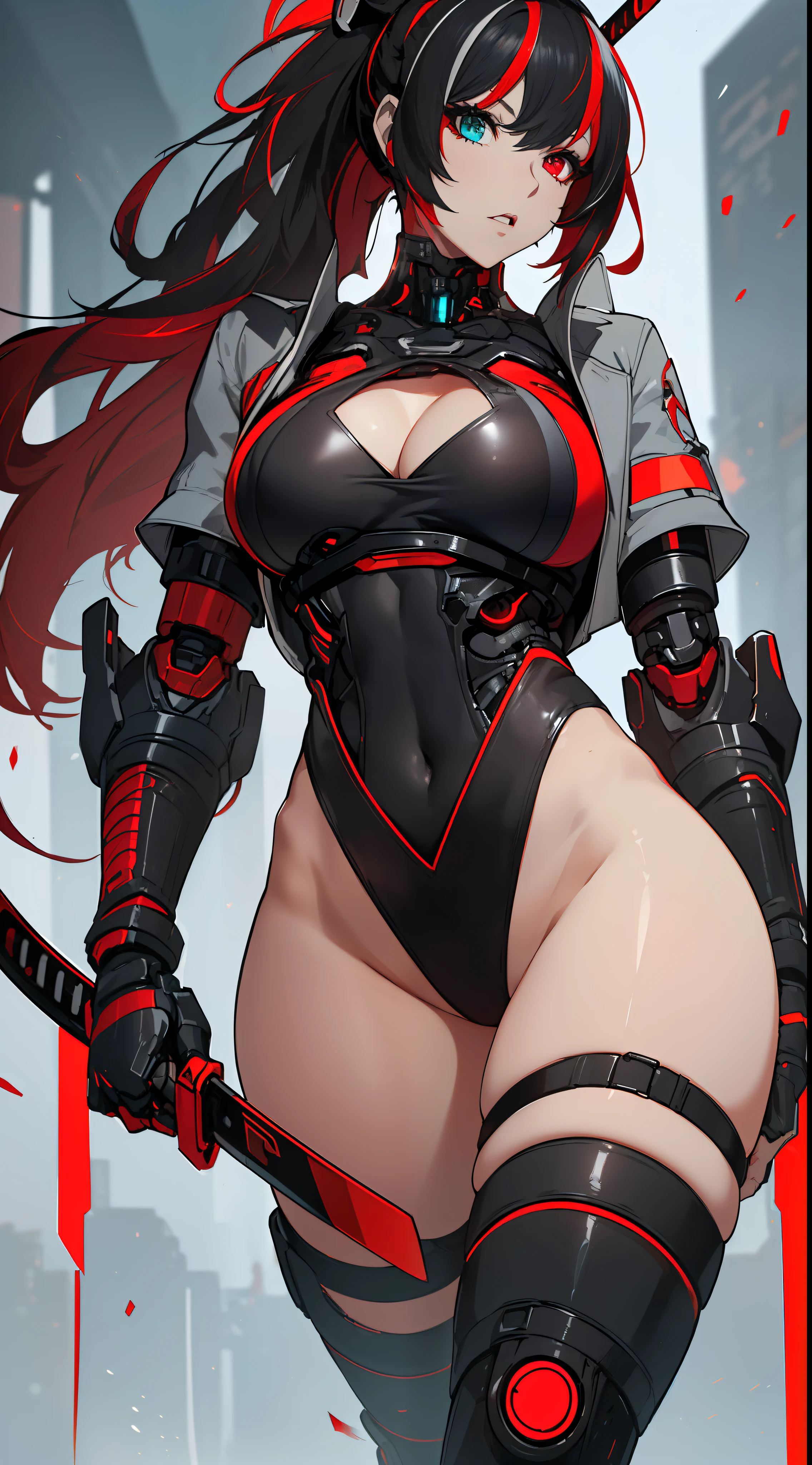 (best quality:1.3, masterpiece, anime) (solo) ((black hair:1.8), (hair with red highlights:1.7), (very long hair, single ponytail)), ((heterochromia_eyes_red_and_grey:1.4)), thick thighs, huge breasts, muscular, athletic, (cyborg:1.6), (robot arms:1.4), (robot legs:1.4), ((highcut leotard:1.8), one-piece, red_black_outift:1.3,) cleavage)), (jacket:1.3), (headgear, horn-like devices), toned body, 1 woman, (age 26), ((holding sword:1.6, katana, glowing)), beautiful, sexy, first rate body, (Lucia_Crimson_Weave:1.4), Lucia