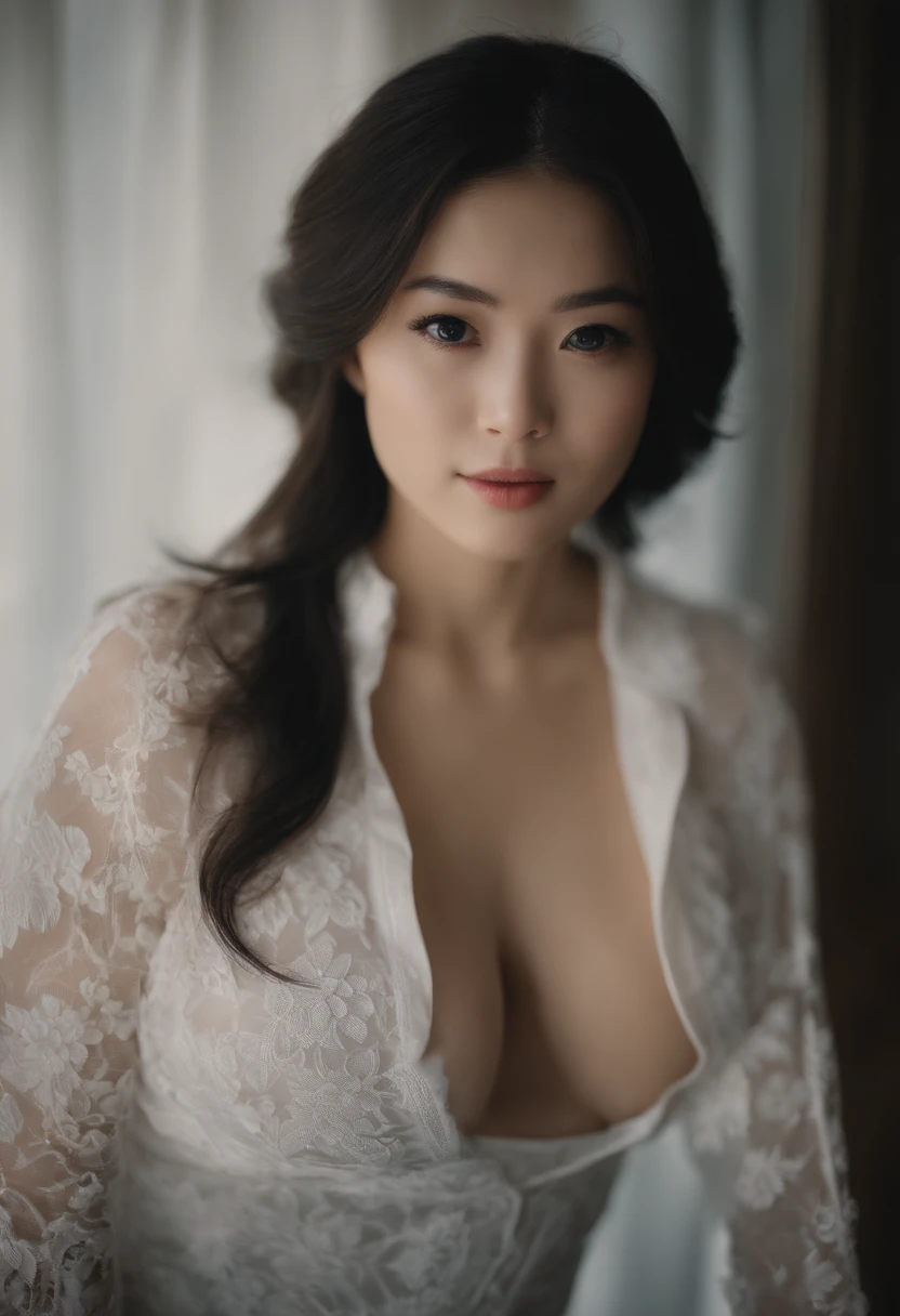 Highly detailed, Mai Shiraishi,femele, Lace underwear, (busty, It's so huge The shirt keeps busting, Black hair,light skinned),focus at face, Focusing on the face, Focus on the face,intricate eyes,