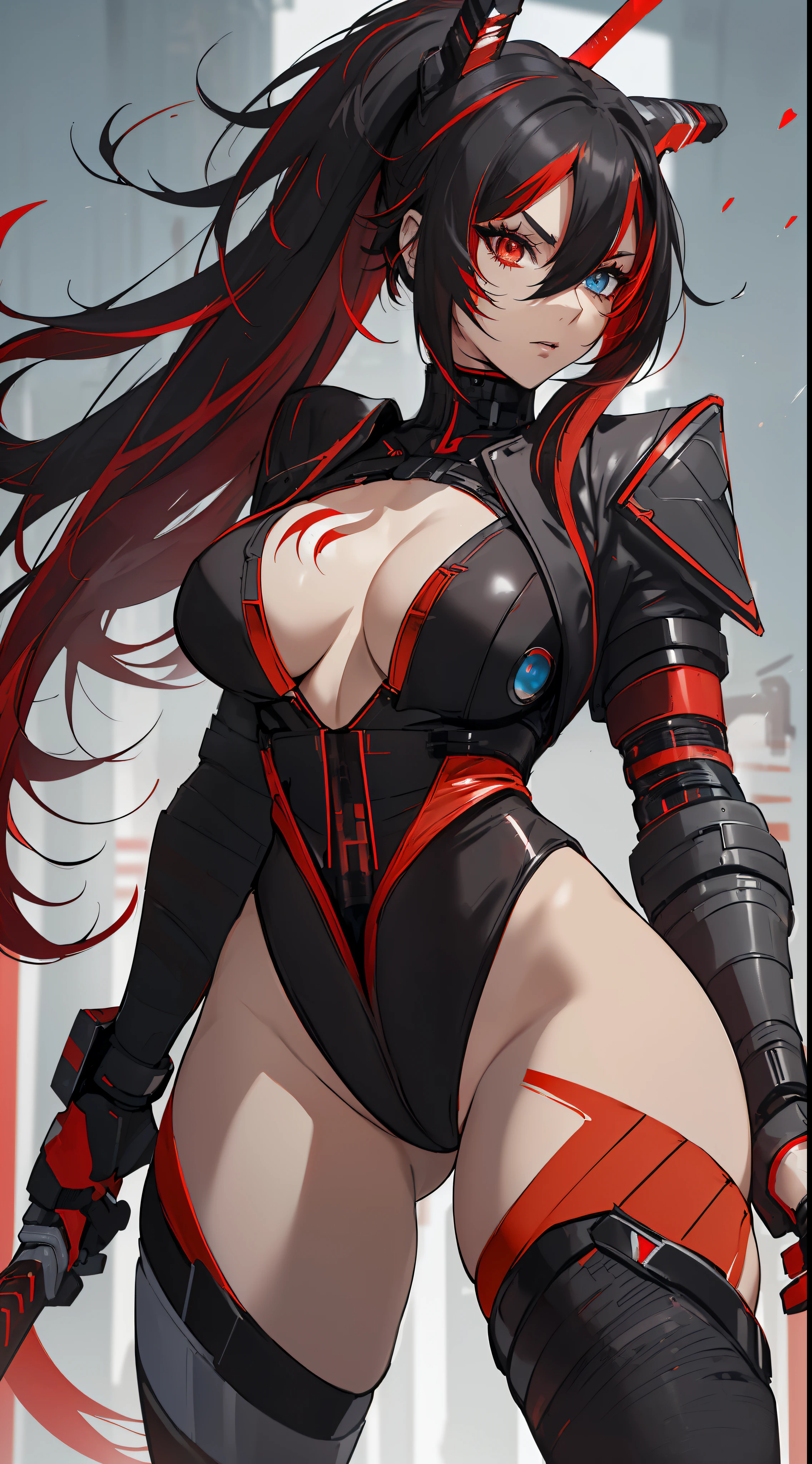 (best quality:1.3, masterpiece, anime) (solo) ((black hair:1.8), (hair with red highlights:1.7), (very long hair, single ponytail)), ((heterochromia_eyes_red_and_grey:1.4)), thick thighs, huge breasts, muscular, athletic, (cyborg:1.6), (robot arms:1.4), (robot legs:1.4), ((highcut leotard:1.8), one-piece, red_black_outift:1.3,) cleavage)), (jacket:1.3), (headgear, horn-like devices), toned body, 1 woman, (age 26), ((holding sword:1.6, katana, glowing)), beautiful, sexy, first rate body, (Lucia_Crimson_Weave:1.4), Lucia