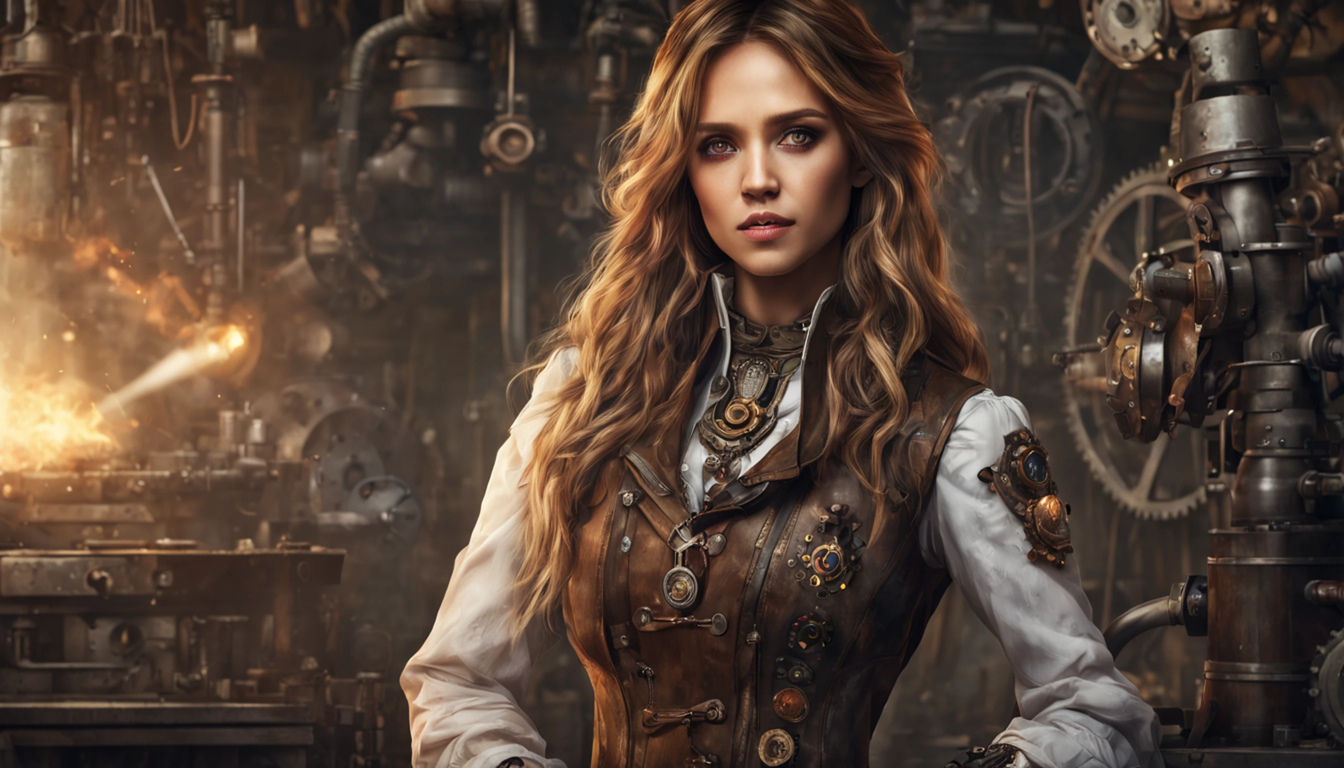 Jessica Alba, (absurdres, highres, ultra detailed), 1woman, mature female, aged, long wavy hair, split-colored hair, heterochromia, bangs, long sleeves, finely detailed eyes and detailed face, extremely detailed CG unit 8k wallpaper, intricate details, (style-rustmagic: 0.8), (medieval cyborg: 0.8), portrait, (bloody wounds:0.7), looking at the viewer, solo, half shot, detailed background, (steampunk theme:1.1) determined expression, technomancer dark couds, floating lights, colorful leather vest with gears, techwear, jetpack, workshop in the background, machines, gears, steam, industry, technology, oven, dirt, anvil, buttons, levers, automaton, electricity, electric sparks epic atmosphere,, portrait