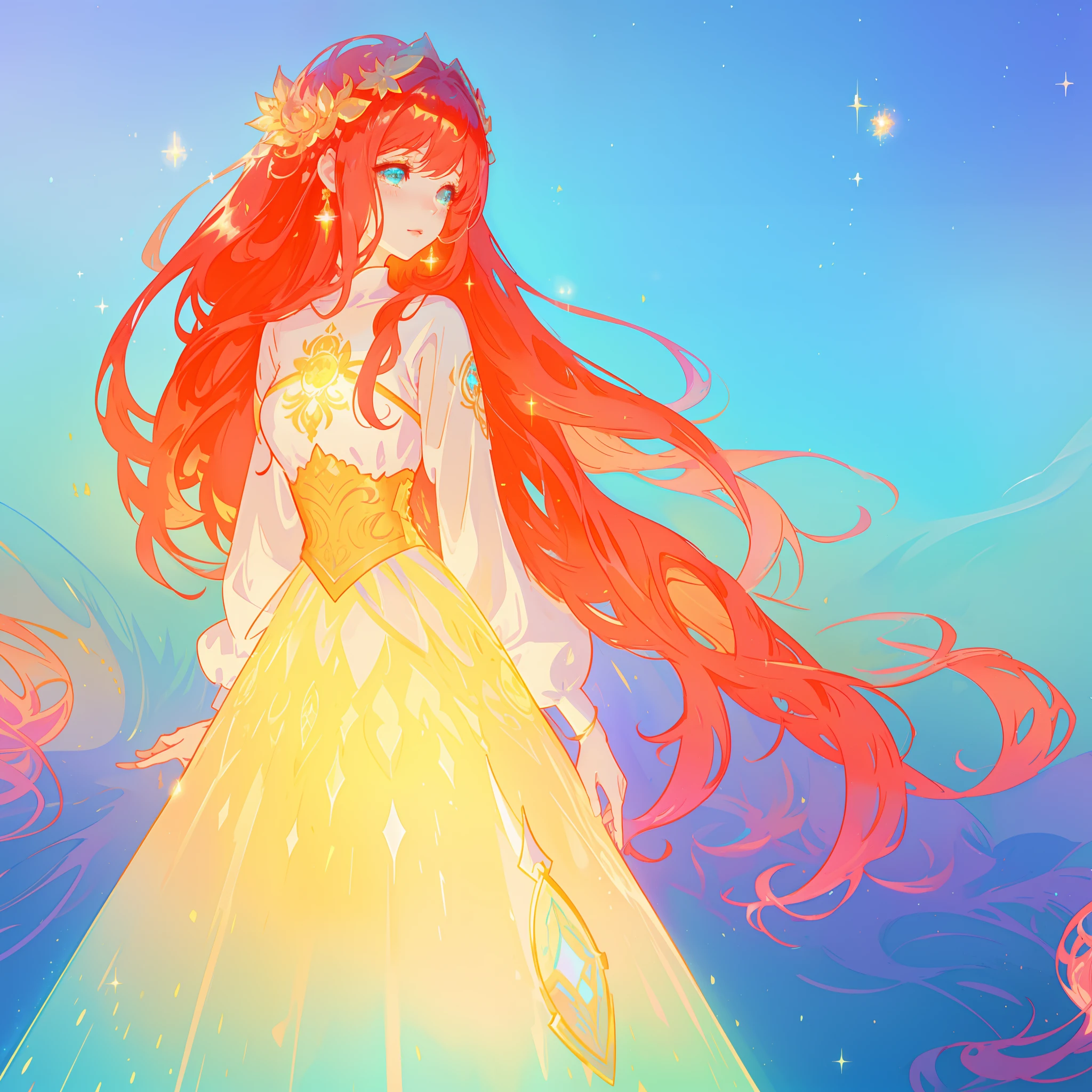 beautiful girl, puffy tiered ballgown with puffy long sleeves, vibrant pastel colors, (colorful), glowing golden long hair, magical lights, sparkling magical liquid, inspired by Glen Keane, inspired by Lois van Baarle, disney art style, by Lois van Baarle, glowing aura around her, by Glen Keane, jen bartel, glowing lights! digital painting, flowing glowing hair, glowing flowing hair, beautiful digital illustration, fantasia background, whimsical, magical, fantasy, ((beautiful face)), ((masterpiece, best quality)), intricate details, highly detailed, sharp focus, 8k resolution, sparkling detailed eyes, liquid watercolor