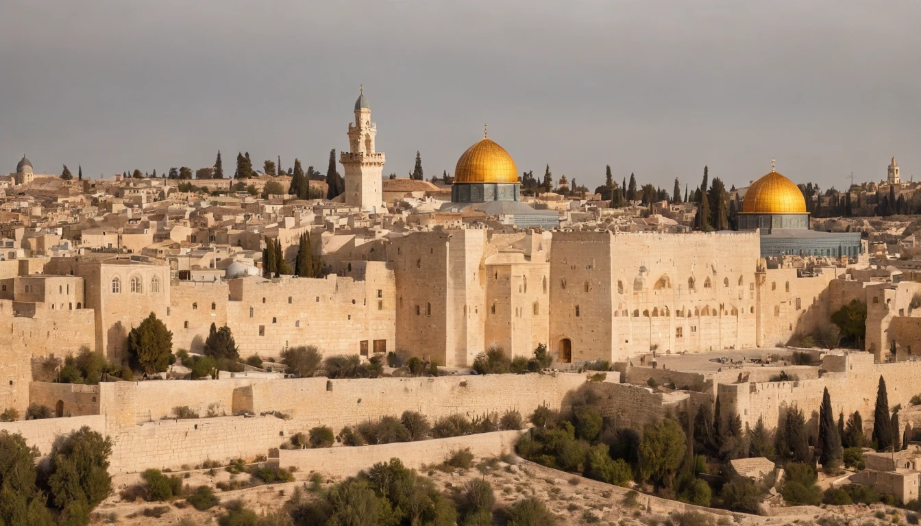 Prompt: Craft a high-resolution, cinematic representation of ancient Jerusalem. Depict the city with intricate architectural details, showcasing its historical significance and grandeur.