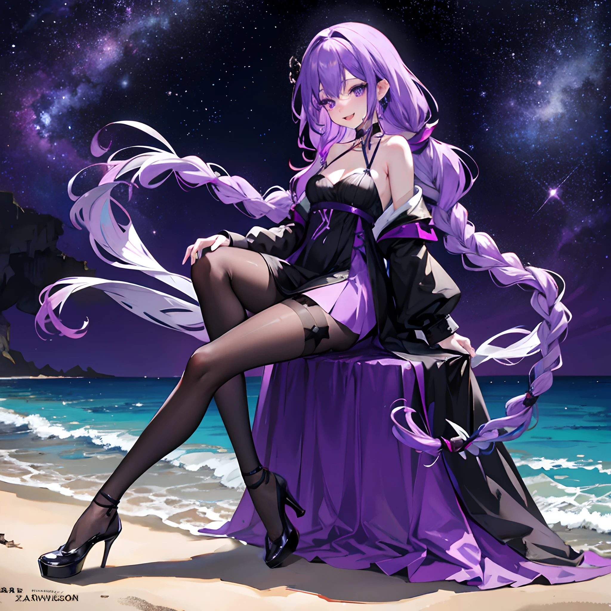 Purple colored hair,long whitr hair,Purple eyes,Twist braids,adolable,teens girl,Wearing a beautiful black dress,Black silk pantyhose,wearing high heels on feet,fully body photo,All body,Fingers and arms are not exposed,Background sandy beach,Starry sky by the sea