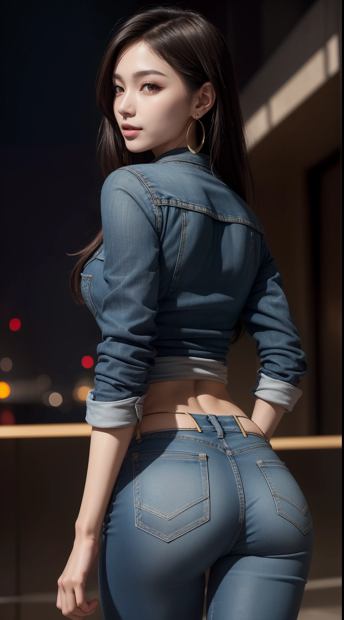 8K, Masterpiece, RAW photo, Best quality, detail:1.2),Photorealistic, Extremely detailed CG unifies 8K, 8K, Diamond, and wallpaper, Depth of field, Cinematic light, Lens flare, Ray tracing, 
(Extremely beautiful face, Beautiful lips, Beautiful eyes), intricate detail face, ((ultra detailed skin)) 1girll, In the dark, deepshadow, 
Pretty Korean girl, Kpop idol,(Very slim and slender muscular body:1.3), ((view the viewer)),(Big smile), (skintight jeans),(denim pant), (Injection sleeve) ,  (City Night,, (Night), Pretty Korean girl, Earrings, bangle, necklace, Pantyhose, Clear eyes, Walking , (Pale skin), Face forward, (Big eyes), ((upperbody shots)), Turn Back, Back shot, Very slim, slander，Quite upturned ass，（Hand pinching ass），Hand pinching ass，