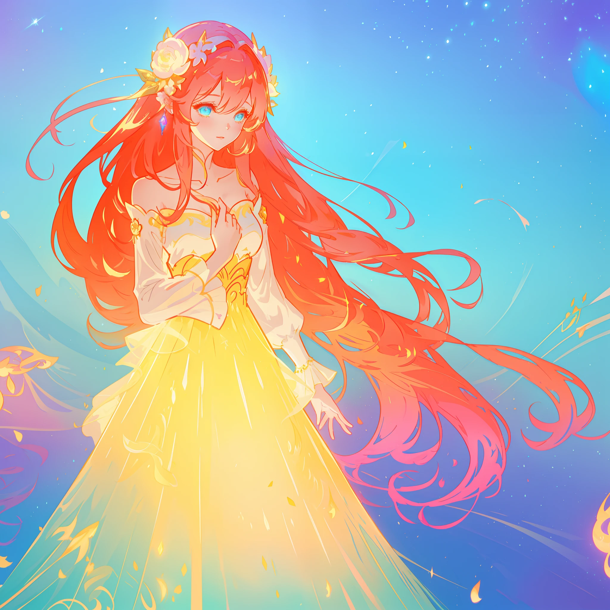 beautiful girl, puffy tiered ballgown with puffy long sleeves, vibrant pastel colors, (colorful), glowing golden long hair, magical lights, sparkling magical liquid, inspired by Glen Keane, inspired by Lois van Baarle, disney art style, by Lois van Baarle, glowing aura around her, by Glen Keane, jen bartel, glowing lights! digital painting, flowing glowing hair, glowing flowing hair, beautiful digital illustration, fantasia background, whimsical, magical, fantasy, ((beautiful face)), ((masterpiece, best quality)), intricate details, highly detailed, sharp focus, 8k resolution, sparkling detailed eyes, liquid watercolor