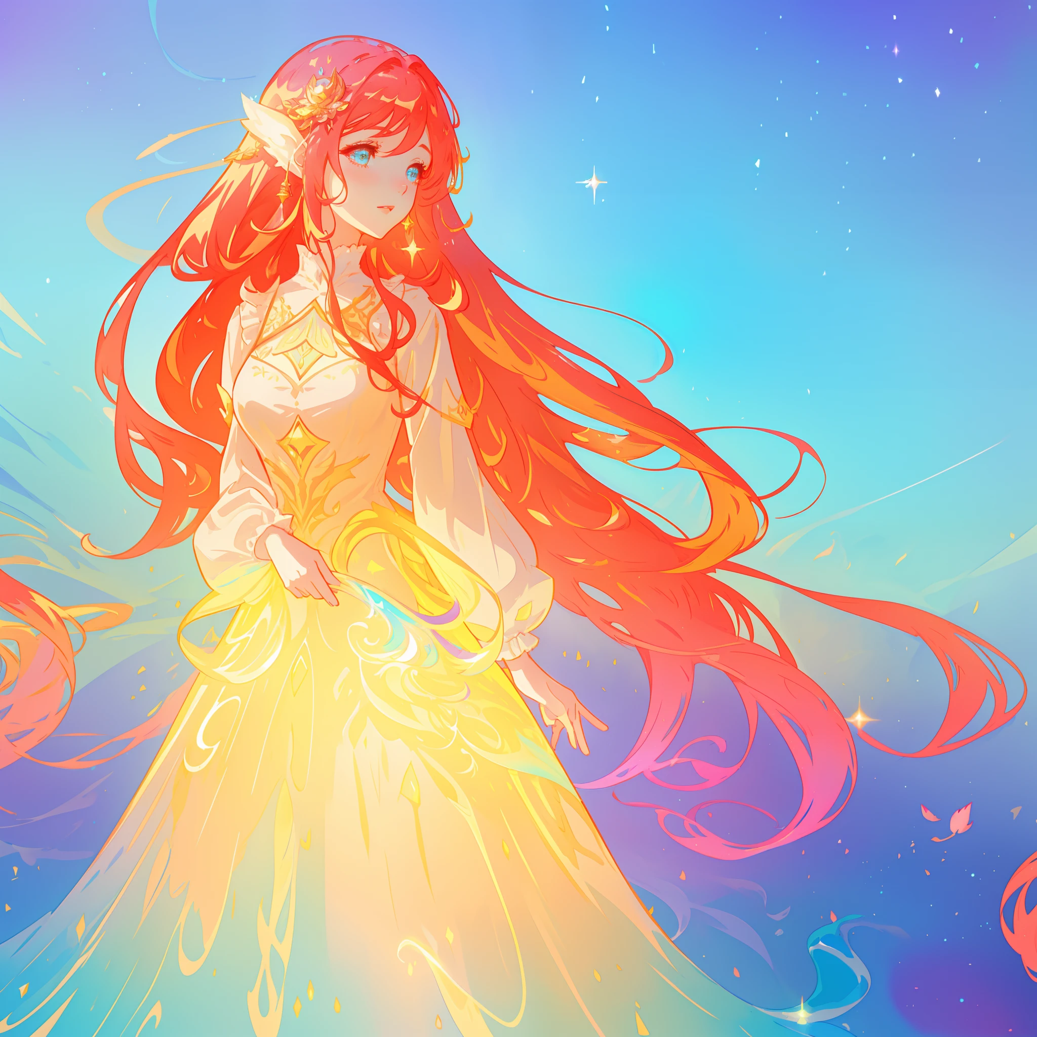 beautiful girl, puffy tiered ballgown with puffy long sleeves, vibrant pastel colors, (colorful), glowing golden long hair, magical lights, sparkling magical liquid, inspired by Glen Keane, inspired by Lois van Baarle, disney art style, by Lois van Baarle, glowing aura around her, by Glen Keane, jen bartel, glowing lights! digital painting, flowing glowing hair, glowing flowing hair, beautiful digital illustration, fantasia background, whimsical, magical, fantasy, ((beautiful face)), ((masterpiece, best quality)), intricate details, highly detailed, sharp focus, 8k resolution, sparkling detailed eyes, liquid watercolor