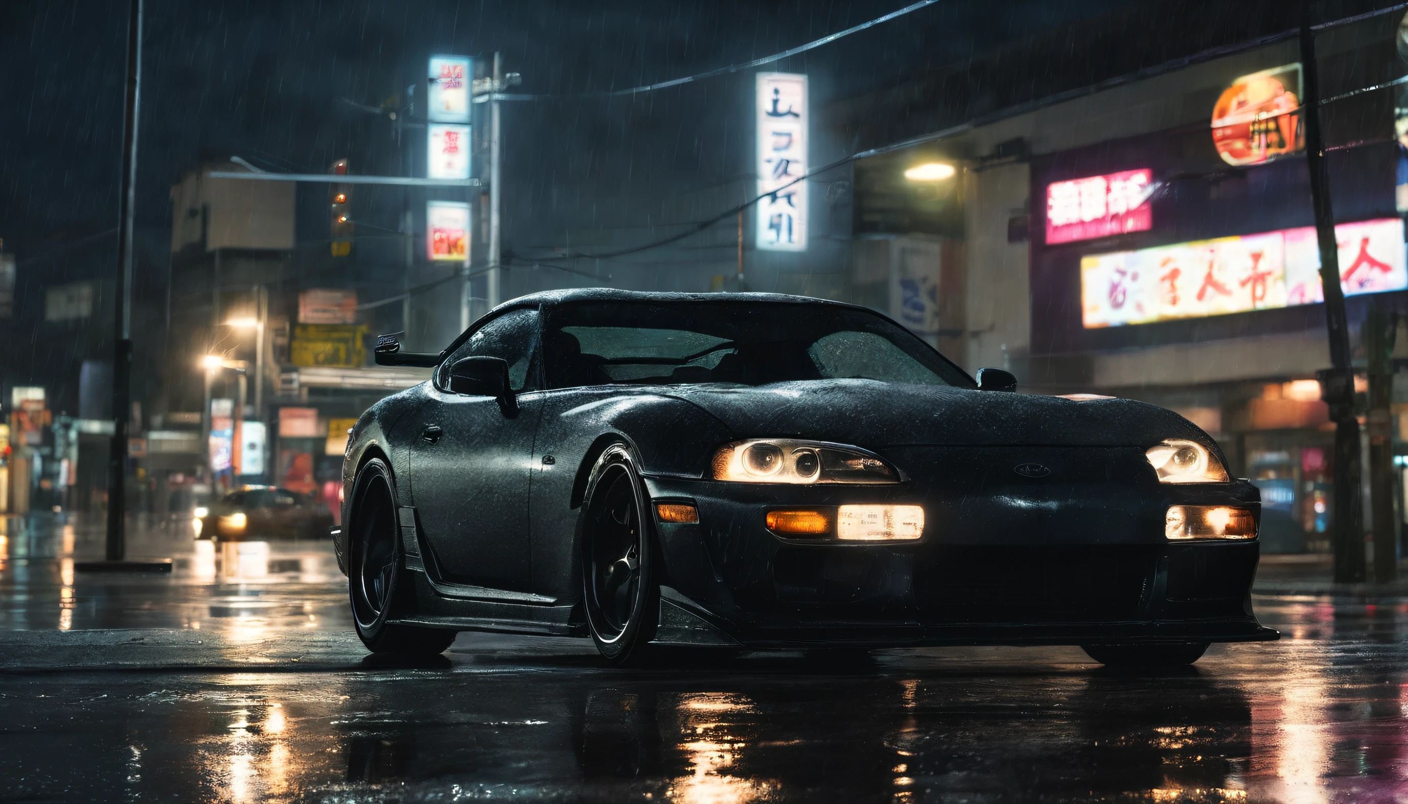 a very rainy night in tokyo, heavy rain with lightning, a calm and calming night with rain, a dark night, lit by lightning and the toyota supra street lights in the middle of the street, imagem ultra wide