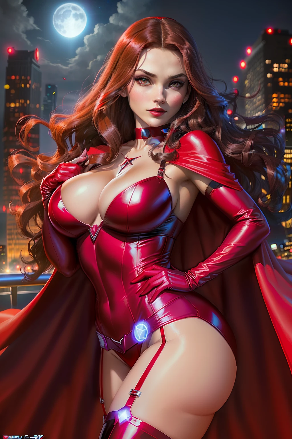 ((Scarlett witch from x-men comic series)) (beautiful face)(glowing eyes)(red lips) ((long brown straight hairstyle))) ((very huge breasts) (perfect slim body) (wears sexy red body suit, red long stocking))((gloves, choker, tiara, cape)) ((magic hands)) (posing sexy on skycrapper rooftop at night, full moon)), (high definition, amazing lights and shadows) ((masterpiece)) (8k) (perfect face) (best quality) (perfect hands, eyes, and face)((magic power floating around))