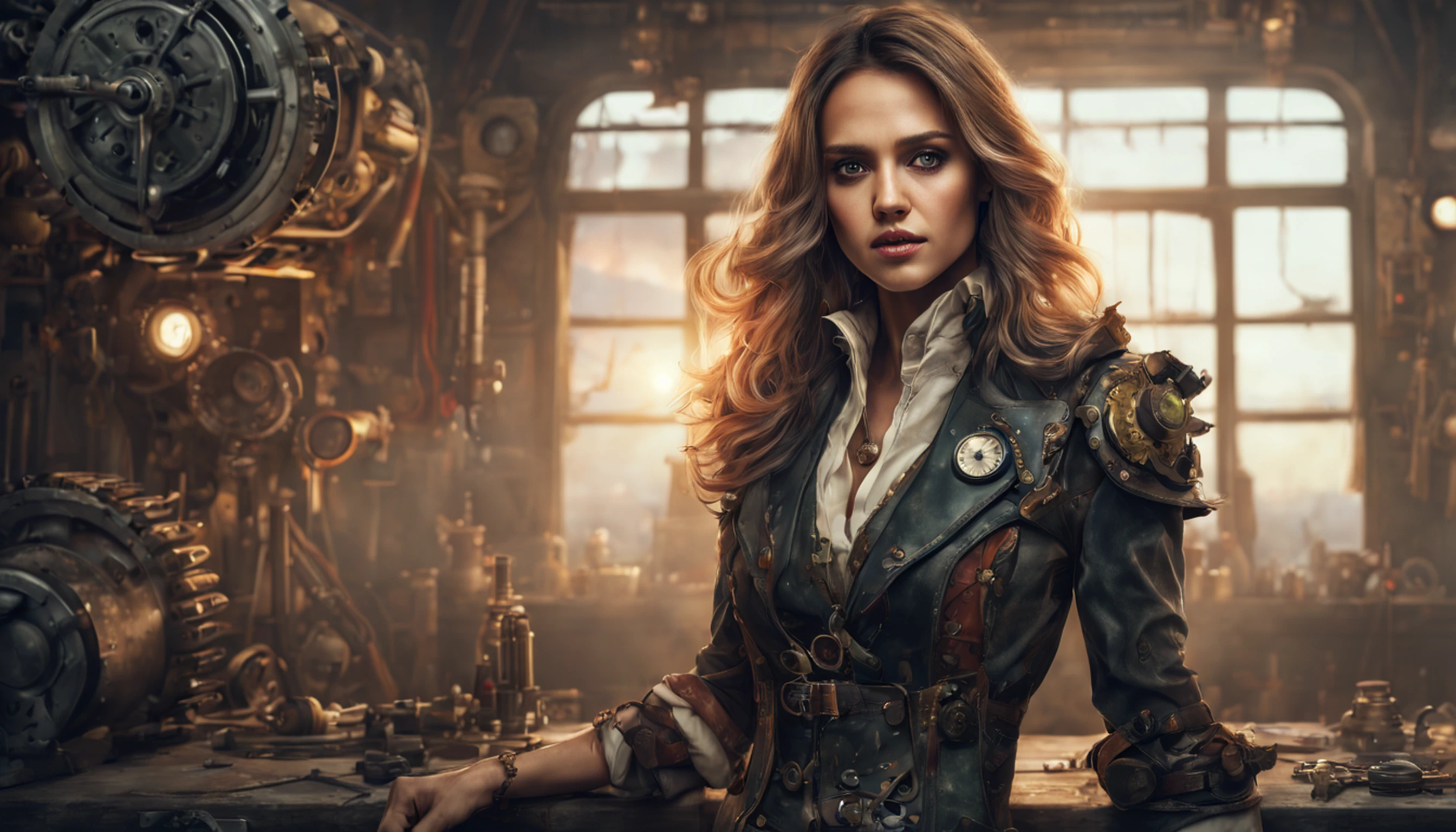 Jessica Alba, (absurdres, highres, ultra detailed), 1woman, mature female, aged, long wavy hair, split-colored hair, heterochromia, bangs, long sleeves, finely detailed eyes and detailed face, extremely detailed CG unit 8k wallpaper, intricate details, (style-rustmagic: 0.8), (medieval cyborg: 0.8), portrait, (bloody wounds:0.7), looking at the viewer, solo, half shot, detailed background, (steampunk theme:1.1) determined expression, technomancer dark couds, floating lights, colorful leather vest with gears, techwear, jetpack, workshop in the background, machines, gears, steam, industry, technology, oven, dirt, anvil, buttons, levers, automaton, electricity, electric sparks epic atmosphere,, portrait