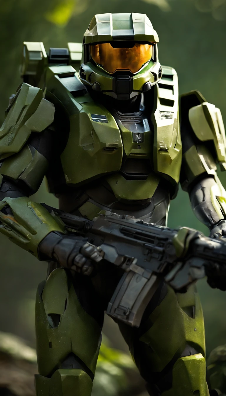 (A high resolution,Ultra-detailed,Realistic:1.37),(Best quality,4K,8K,Masterpiece:1.2),hdr,professional,Stunning,Vivid colors,Bokeh,Sharp focus,Physically-based rendering,Portrait of a Master Chief 117 game "Halo" Armed with an energy rifle, Stand on an unknown planet. He wears a futuristic high-tech green armor，It's full of intricate details。. The armor reflects the light beautifully, Create vibrant colors and captivating bokeh effects. The level of detail of the armor is extraordinary, Every little element is meticulously crafted. The Master Chief's face was covered by a helmet with a tinted visor, Add a touch of mystery. The armor is combat wear, Shows signs of previous conflicts. The surroundings are vast and surreal, With towering alien buildings and magnificent skies full of distant stars. The atmosphere is full of anticipation, It was as if an epic battle was about to unfold. Master Chief is tall and confident, Be prepared to face any challenge he encounters. This portrait captures the essence of the game "Halo" and the iconic role of Master Chief 117，Presented in a realistic and stunning way.