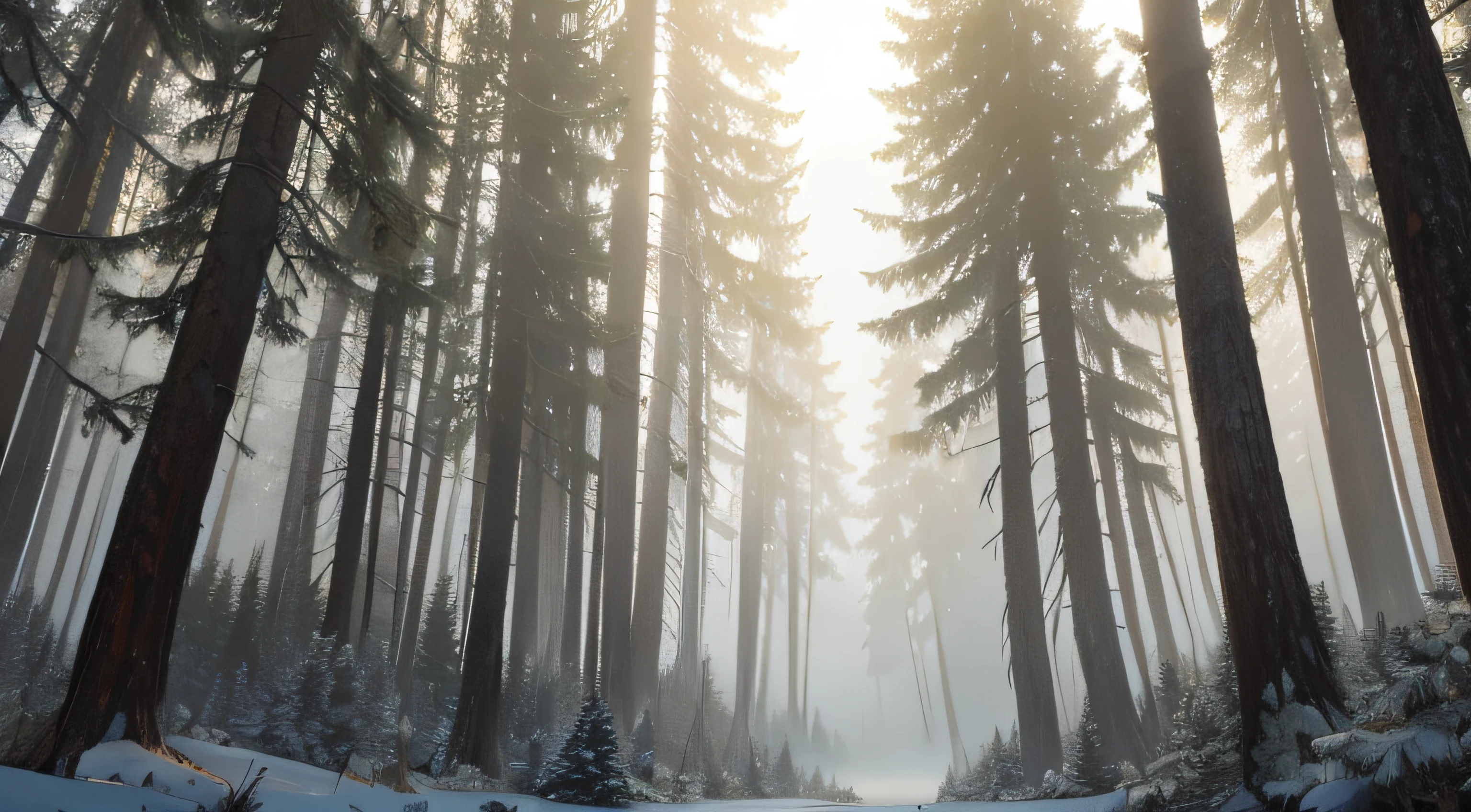 a large forest area of pine trees, large pine trees, with fog rising between the pine trees, at dawn, without humans, wet leaves, wet leaves, rays of sun go through the fog