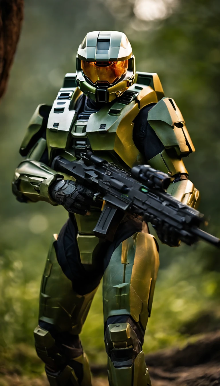 (A high resolution,Ultra-detailed,Realistic:1.37),(Best quality,4K,8K,Masterpiece:1.2),hdr,professional,Stunning,Vivid colors,Bokeh,Sharp focus,Physically-based rendering,Portrait of a Master Chief 117 game "Halo" Armed with an energy rifle, Stand on an unknown planet. He wears a futuristic high-tech green armor，It's full of intricate details。. The armor reflects the light beautifully, Create vibrant colors and captivating bokeh effects. The level of detail of the armor is extraordinary, Every little element is meticulously crafted. The Master Chief's face was covered by a helmet with a tinted visor, Add a touch of mystery. The armor is combat wear, Shows signs of previous conflicts. The surroundings are vast and surreal, With towering alien buildings and magnificent skies full of distant stars. The atmosphere is full of anticipation, It was as if an epic battle was about to unfold. Master Chief is tall and confident, Be prepared to face any challenge he encounters. This portrait captures the essence of the game "Halo" and the iconic role of Master Chief 117，Presented in a realistic and stunning way.