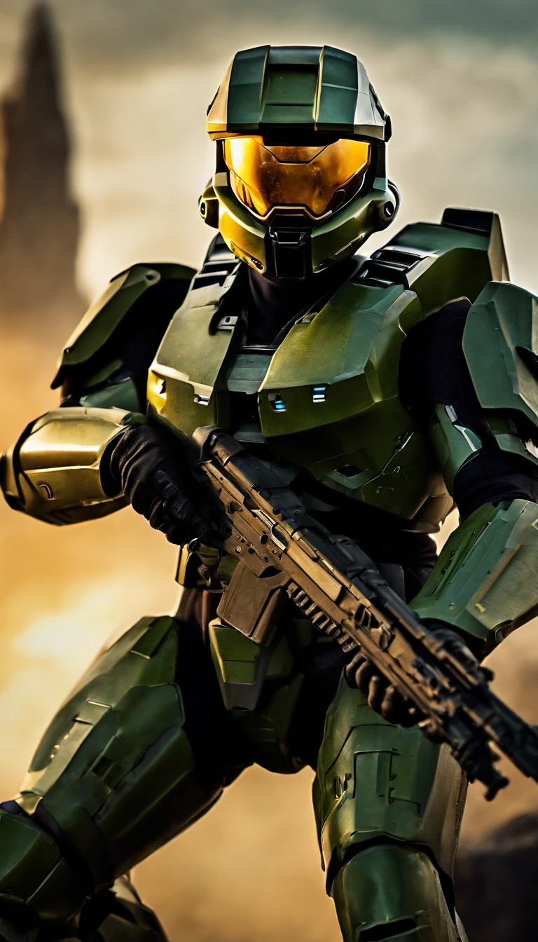 (A high resolution,Ultra-detailed,Realistic:1.37),(Best quality,4K,8K,Masterpiece:1.2),hdr,professional,Stunning,Vivid colors,Bokeh,Sharp focus,Physically-based rendering,Portrait of a Master Chief 117 game "Halo" Armed with an energy rifle, Stand on an unknown planet. He wears a futuristic high-tech green armor,It's full of intricate details。. The armor reflects the light beautifully, Create vibrant colors and captivating bokeh effects. The level of detail of the armor is extraordinary, Every little element is meticulously crafted. The Master Chief's face was covered by a helmet with a tinted visor, Add a touch of mystery. The armor is combat wear, Shows signs of previous conflicts. The surroundings are vast and surreal, With towering alien buildings and magnificent skies full of distant stars. The atmosphere is full of anticipation, It was as if an epic battle was about to unfold. Master Chief is tall and confident, Be prepared to face any challenge he encounters. This portrait captures the essence of the game "Halo" and the iconic role of Master Chief 117,Presented in a realistic and stunning way.