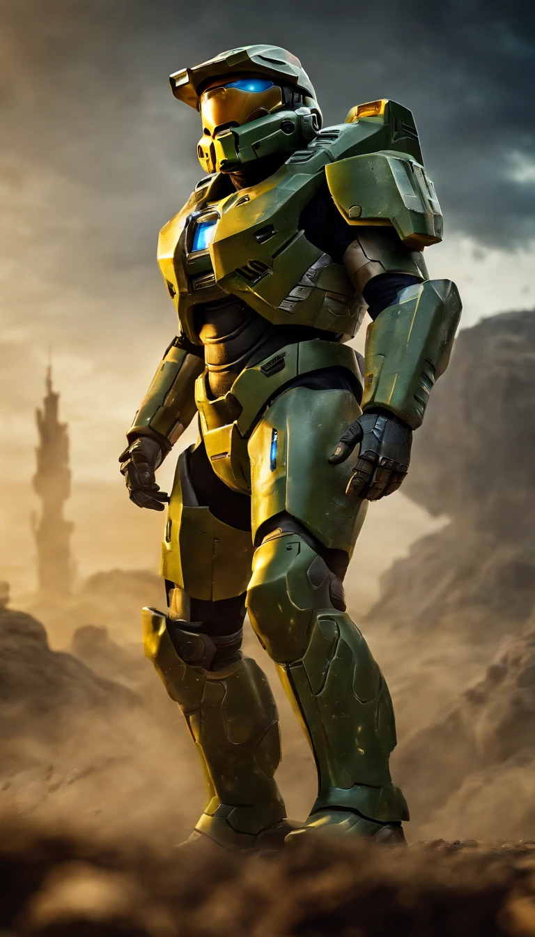 (A high resolution,Ultra-detailed,Realistic:1.37),(Best quality,4K,8K,Masterpiece:1.2),hdr,professional,Stunning,Vivid colors,Bokeh,Sharp focus,Physically-based rendering,Portrait of a Master Chief 117 game "Halo" Armed with an energy rifle, Stand on an unknown planet. He wears a futuristic high-tech green armor,It's full of intricate details。. The armor reflects the light beautifully, Create vibrant colors and captivating bokeh effects. The level of detail of the armor is extraordinary, Every little element is meticulously crafted. The Master Chief's face was covered by a helmet with a tinted visor, Add a touch of mystery. The armor is combat wear, Shows signs of previous conflicts. The surroundings are vast and surreal, With towering alien buildings and magnificent skies full of distant stars. The atmosphere is full of anticipation, It was as if an epic battle was about to unfold. Master Chief is tall and confident, Be prepared to face any challenge he encounters. This portrait captures the essence of the game "Halo" and the iconic role of Master Chief 117,Presented in a realistic and stunning way.
