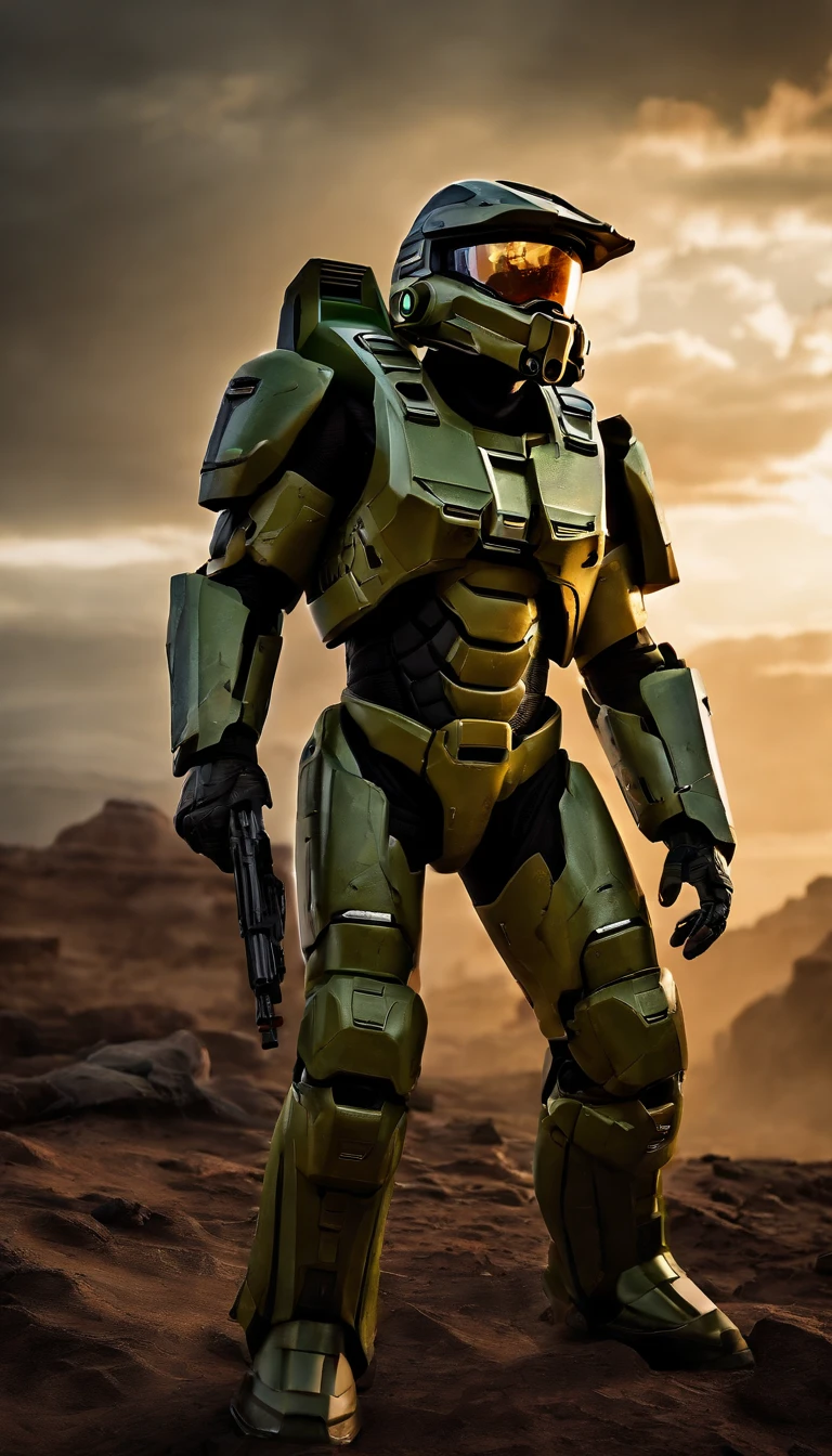 (A high resolution,Ultra-detailed,Realistic:1.37),(Best quality,4K,8K,Masterpiece:1.2),hdr,professional,Stunning,Vivid colors,Bokeh,Sharp focus,Physically-based rendering,Portrait of a Master Chief 117 game "Halo" Armed with an energy rifle, Stand on an unknown planet. He wears a futuristic high-tech green armor，It's full of intricate details。. The armor reflects the light beautifully, Create vibrant colors and captivating bokeh effects. The level of detail of the armor is extraordinary, Every little element is meticulously crafted. The Master Chief's face was covered by a helmet with a tinted visor, Add a touch of mystery. The armor is combat wear, Shows signs of previous conflicts. The surroundings are vast and surreal, With towering alien buildings and magnificent skies full of distant stars. The atmosphere is full of anticipation, It was as if an epic battle was about to unfold. Master Chief is tall and confident, Be prepared to face any challenge he encounters. This portrait captures the essence of the game "Halo" and the iconic role of Master Chief 117，Presented in a realistic and stunning way.