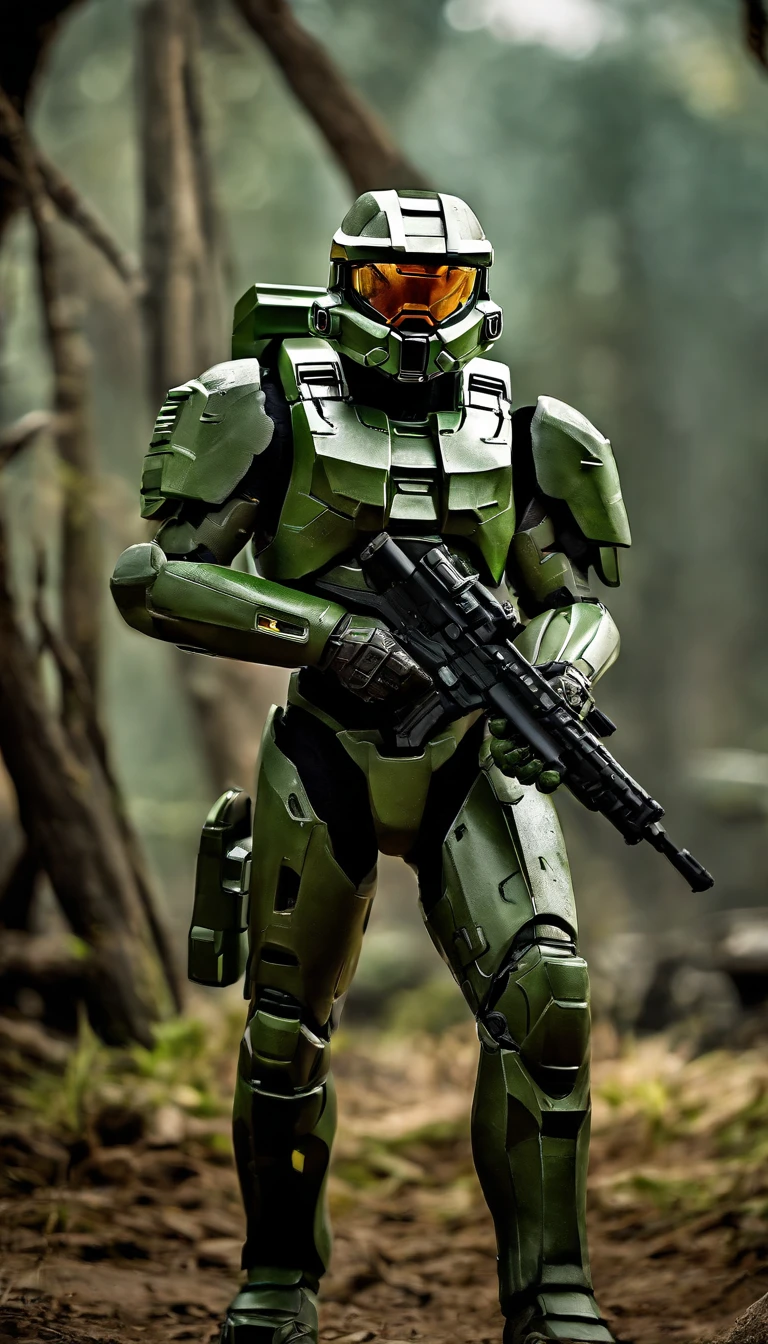 (A high resolution,Ultra-detailed,Realistic:1.37),(Best quality,4K,8K,Masterpiece:1.2),hdr,professional,Stunning,Vivid colors,Bokeh,Sharp focus,Physically-based rendering,Portrait of a Master Chief 117 game "Halo" Armed with an energy rifle, Stand on an unknown planet. He wears a futuristic high-tech green armor,It's full of intricate details。. The armor reflects the light beautifully, Create vibrant colors and captivating bokeh effects. The level of detail of the armor is extraordinary, Every little element is meticulously crafted. The Master Chief's face was covered by a helmet with a tinted visor, Add a touch of mystery. The armor is combat wear, Shows signs of previous conflicts. The surroundings are vast and surreal, With towering alien buildings and magnificent skies full of distant stars. The atmosphere is full of anticipation, It was as if an epic battle was about to unfold. Master Chief is tall and confident, Be prepared to face any challenge he encounters. This portrait captures the essence of the game "Halo" and the iconic role of Master Chief 117,Presented in a realistic and stunning way.