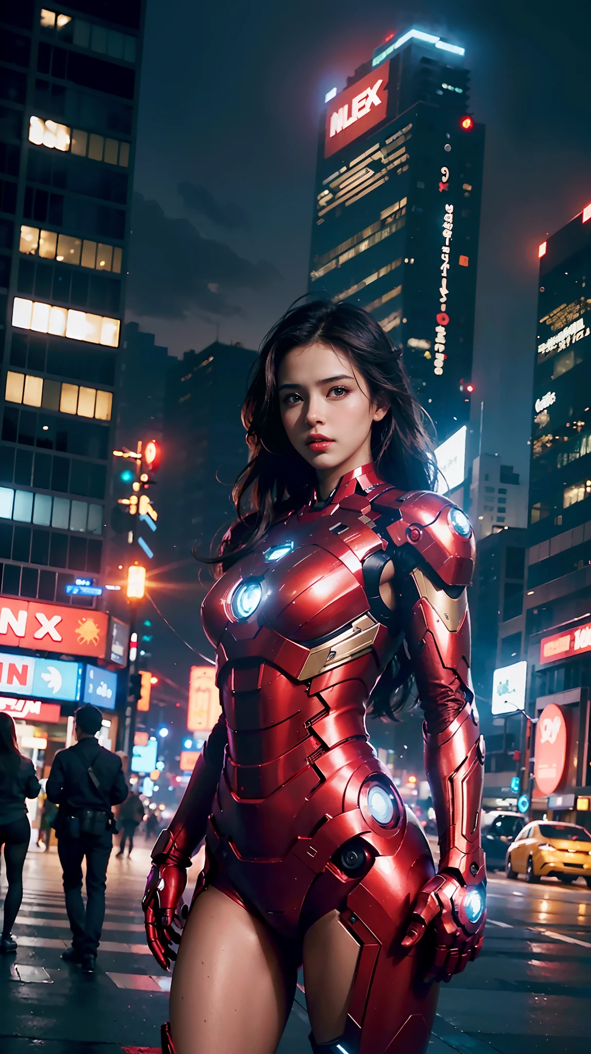8k, realistic, attractive, highly detailed, a 20 year old girl a sexy and attractive woman inspired by Iron Man wearing a shiny Iron Man mech. She dresses with sexiness and confidence, perfectly interpreting Iron Man's strength and charisma. In a cyberpunk-style city night scene, a sexy and attractive woman takes Iron Man's cosplay as the theme. Wearing a shiny Iron Man mech, she stands on a street lined with tall buildings. The night lights of the city are bright, reflecting on her mecha, adding a sense of future technology. The surrounding buildings and streets are full of cyberpunk elements, such as neon lights, high-tech devices and futuristic architectural designs. The whole scene is full of futuristic and sci-fi atmosphere. This high-definition, high-quality picture will bring you stunning visual enjoyment, a perfect combination of sexy, futuristic and sci-fi elements. oc rendering, dramatic lighting, award winning quality