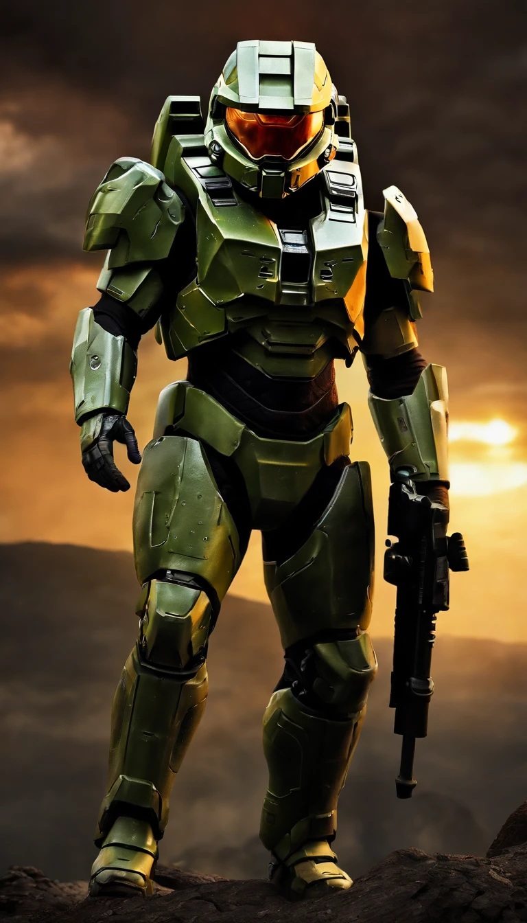 (A high resolution,Ultra-detailed,Realistic:1.37),(Best quality,4K,8K,Masterpiece:1.2),hdr,professional,Stunning,Vivid colors,Bokeh,Sharp focus,Physically-based rendering,Portrait of a Master Chief 117 game "Halo" Armed with an energy rifle, Stand on an unknown planet. He wears a futuristic high-tech green armor,It's full of intricate details。. The armor reflects the light beautifully, Create vibrant colors and captivating bokeh effects. The level of detail of the armor is extraordinary, Every little element is meticulously crafted. The Master Chief's face was covered by a helmet with a tinted visor, Add a touch of mystery. The armor is combat wear, Shows signs of previous conflicts. The surroundings are vast and surreal, With towering alien buildings and magnificent skies full of distant stars. The atmosphere is full of anticipation, It was as if an epic battle was about to unfold. Master Chief is tall and confident, Be prepared to face any challenge he encounters. This portrait captures the essence of the game "Halo" and the iconic role of Master Chief 117,Presented in a realistic and stunning way.