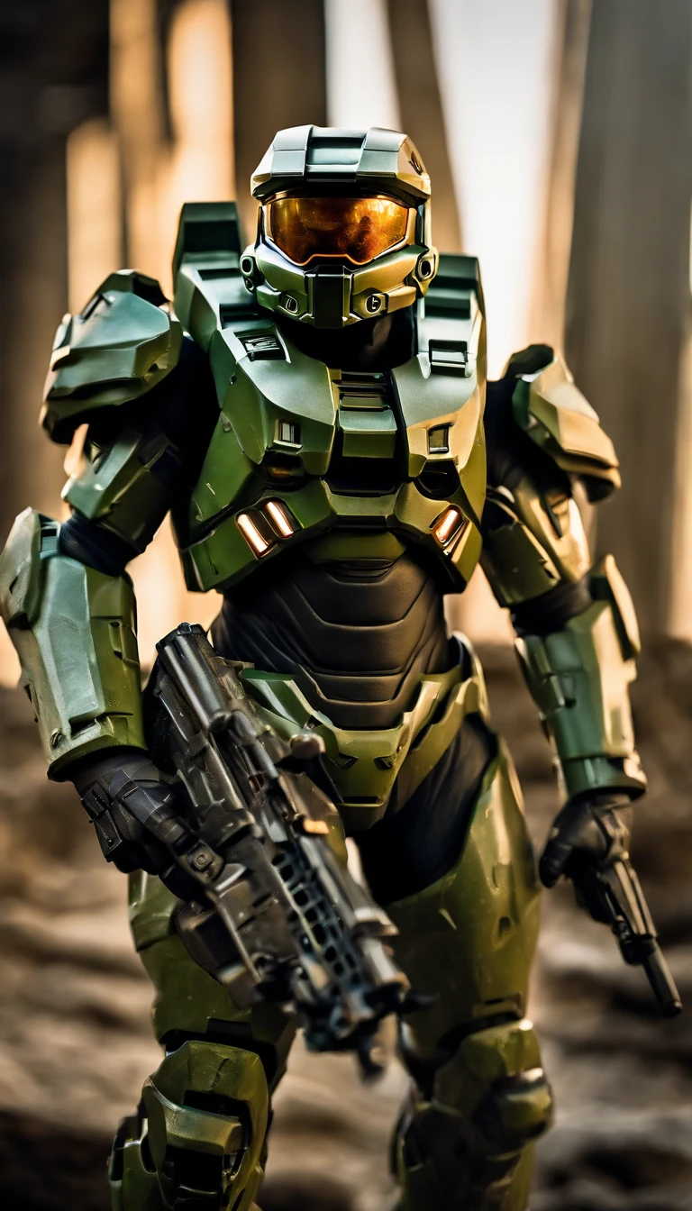 (A high resolution,Ultra-detailed,Realistic:1.37),(Best quality,4K,8K,Masterpiece:1.2),hdr,professional,Stunning,Vivid colors,Bokeh,Sharp focus,Physically-based rendering,Portrait of a Master Chief 117 game "Halo" Armed with an energy rifle, Stand on an unknown planet. He wears a futuristic high-tech green armor,It's full of intricate details。. The armor reflects the light beautifully, Create vibrant colors and captivating bokeh effects. The level of detail of the armor is extraordinary, Every little element is meticulously crafted. The Master Chief's face was covered by a helmet with a tinted visor, Add a touch of mystery. The armor is combat wear, Shows signs of previous conflicts. The surroundings are vast and surreal, With towering alien buildings and magnificent skies full of distant stars. The atmosphere is full of anticipation, It was as if an epic battle was about to unfold. Master Chief is tall and confident, Be prepared to face any challenge he encounters. This portrait captures the essence of the game "Halo" and the iconic role of Master Chief 117,Presented in a realistic and stunning way.