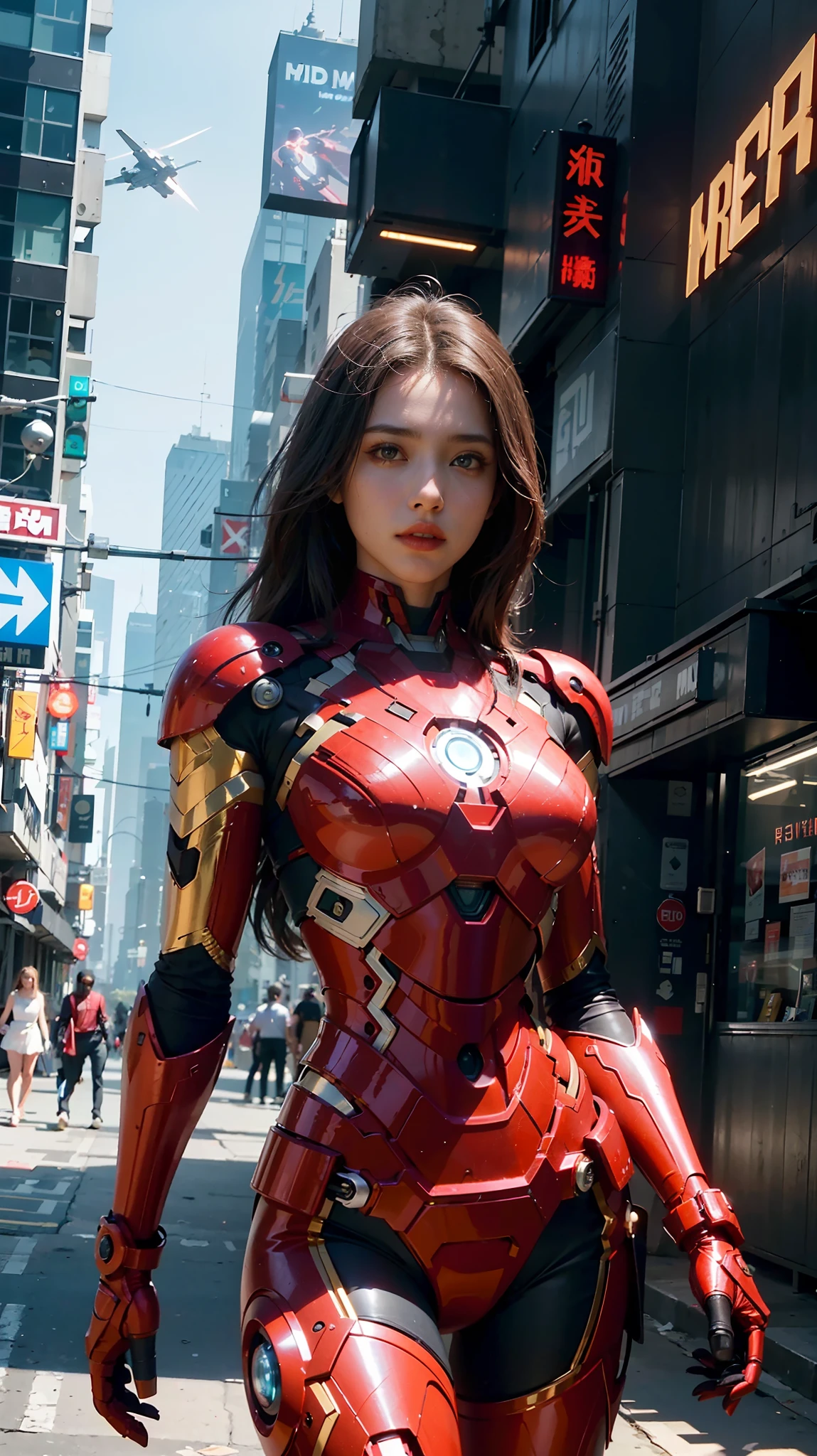 8k, realistic, attractive, highly detailed, a 20 year old girl a sexy and attractive woman inspired by Iron Man wearing a shiny Iron Man mech. She dresses with sexiness and confidence, perfectly interpreting Iron Man&#39;s strength and charisma. In a cyberpunk-style city night scene, a sexy and attractive woman takes Iron Man&#39;s cosplay as the theme. Wearing a shiny Iron Man mech, she stands on a street lined with tall buildings. The night lights of the city are bright, reflecting on her mecha, adding a sense of future technology. The surrounding buildings and streets are full of cyberpunk elements, such as neon lights, high-tech devices and futuristic architectural designs. The whole scene is full of futuristic and sci-fi atmosphere. This high-definition, high-quality picture will bring you stunning visual enjoyment, a perfect combination of sexy, futuristic and sci-fi elements. oc rendering, dramatic lighting, award winning quality