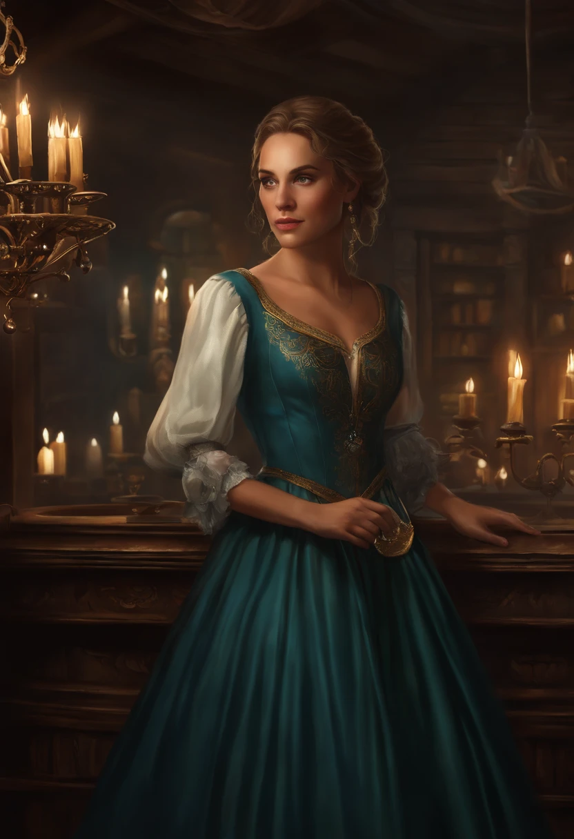 A woman in a dress standing in a room with a chandelier, realistic fantasy illustration, fundo da taberna, em taverna de fantasia perto da lareira, Cattie - Brie de Mithril Hall, Graphic artist Magali Villeneuve, arte do jogo de fantasia medieval, fantasy genre portrait, Arte do Jogo de Cartas de Fantasia, retrato do livro do RPG, pintura de personagem bonita, she is in the potions workshop