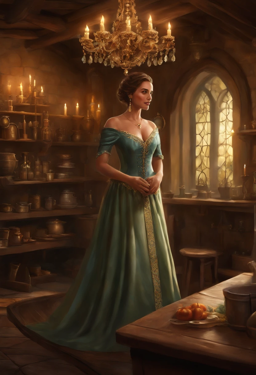 A woman in a dress standing in a room with a chandelier, realistic fantasy illustration, fundo da taberna, em taverna de fantasia perto da lareira, Cattie - Brie de Mithril Hall, Graphic artist Magali Villeneuve, arte do jogo de fantasia medieval, fantasy genre portrait, Arte do Jogo de Cartas de Fantasia, retrato do livro do RPG, pintura de personagem bonita, she is in the potions workshop