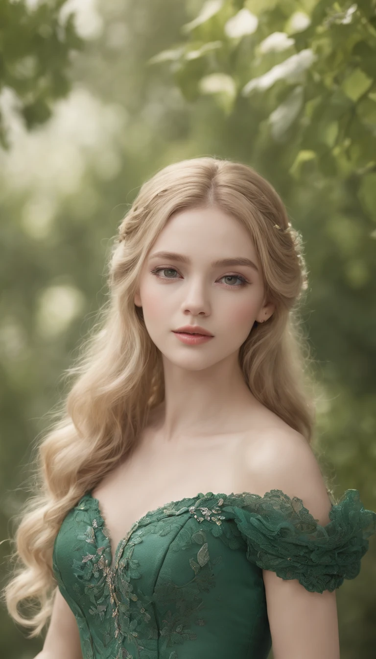 best quality, highly detailed, ultra-detailed, illustration, masterpiece,extremely detailed eyes and face, incredibly_absurd resolution, (blonde hair) , 1girl, wearing a emerald green meticulously crafted and luxurious gown showcasing intricate details, exquisite tailoring, and opulent fabrics, slim waist, light smile, whole body, facing towards the viewers, dynamic pose, green trees background