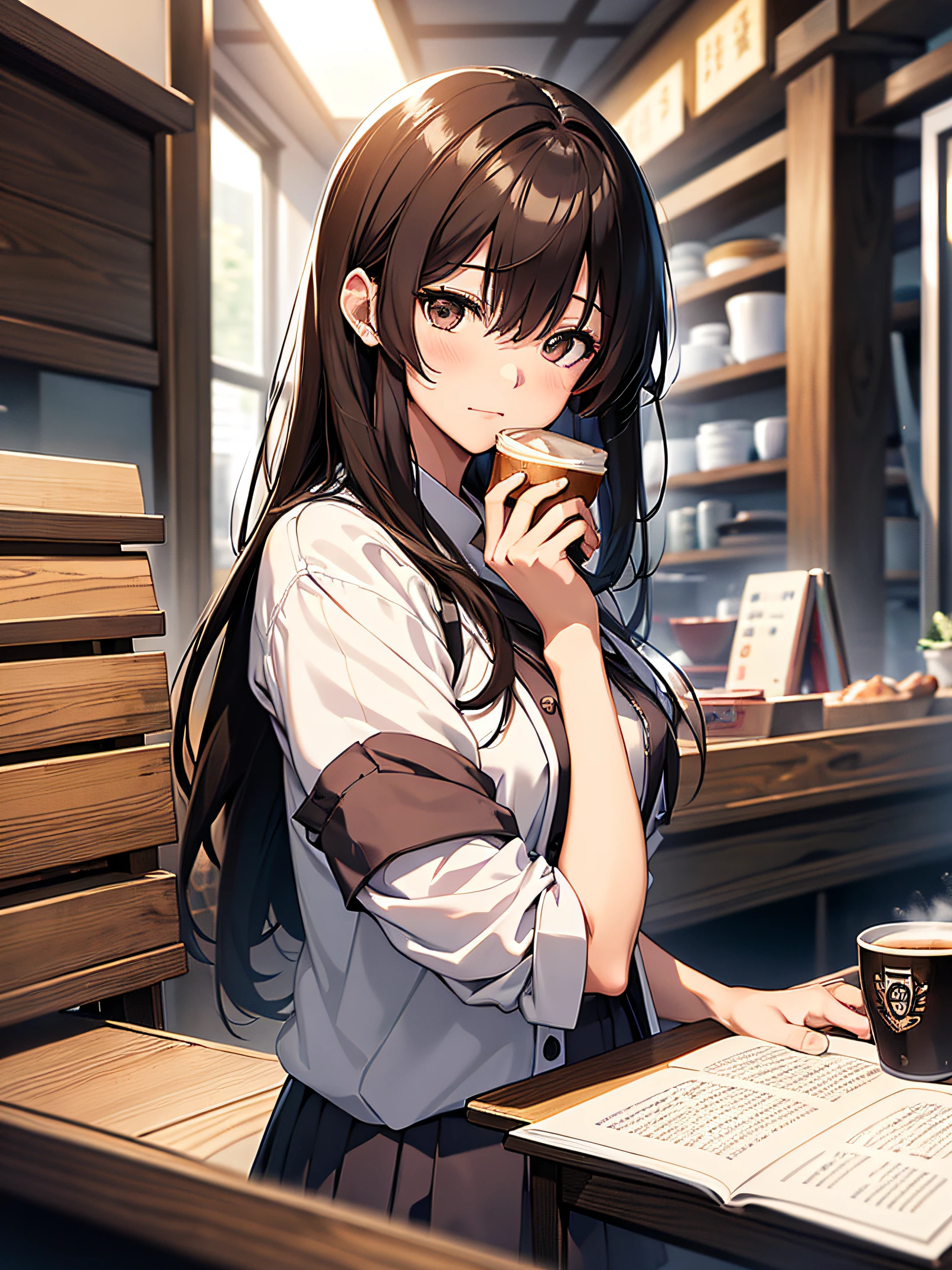Alafed image of a woman in uniform holding scissors, yukii morita, けもの, ayami koj ima, Young Sensual Gravure Idol, a hyperrealistic schoolgirl, mayuri shiina, mm, l7m, Mai Yoneyama, Realistic Young Gravure Idol, makoto shinka, (Best Quality,4K,hight resolution,masutepiece:1.2),official artwork、detaileds、accuracy、masterpiece、Detailed eyes with highlights,High-quality face,Brown hair、dark brown eyes、Well-formed face、sleepy expression、White blouses、Black tight skirt、Sandwiches and coffee on the table