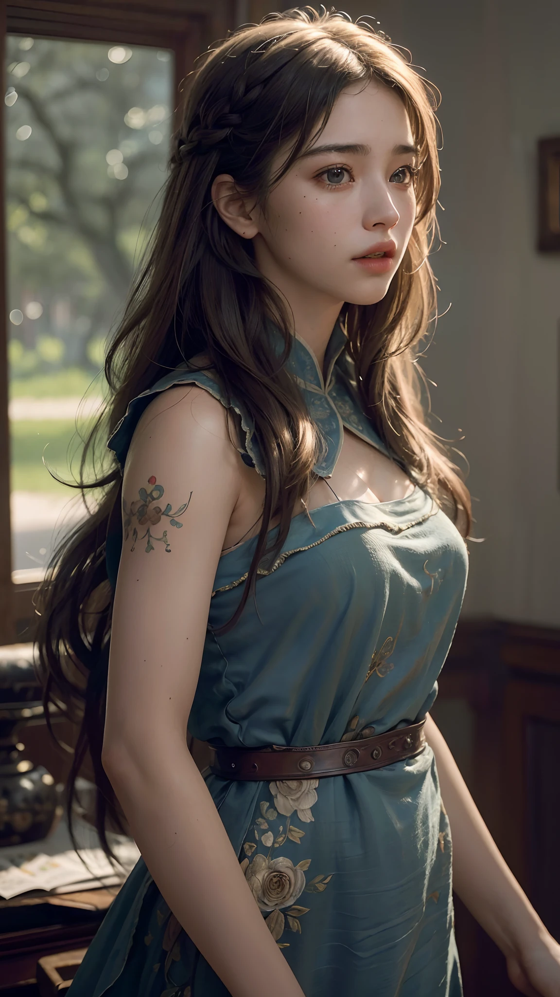 (RAW photo, best quality), (realistic, photo-realistic:1.3),best quality,highly detailed,masterpiece,ultra-detailed,illustration,1girl,upper_body,dynamic angle,world masterpiece theater,messy_long_hair,best quality,extremely detailed CG unity 8k wallpaper,ink,Amazing,cinematic lighting,lens_flare,,dunhuang_style