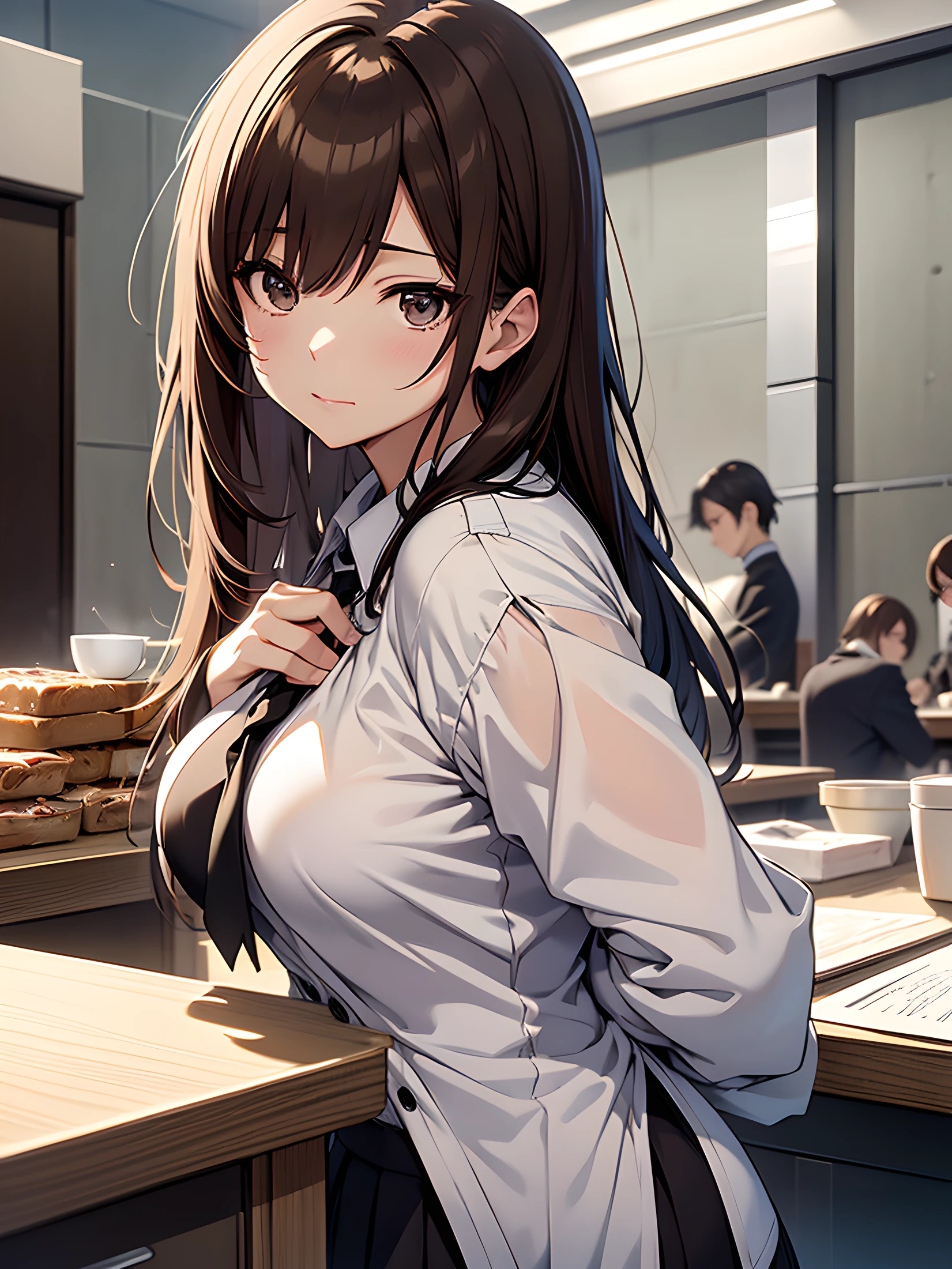 Alafed image of a woman in uniform holding scissors, yukii morita, けもの, ayami koj ima, Young Sensual Gravure Idol, a hyperrealistic schoolgirl, mayuri shiina, mm, l7m, Mai Yoneyama, Realistic Young Gravure Idol, makoto shinka, (Best Quality,4K,hight resolution,masutepiece:1.2),official artwork、detaileds、accuracy、masterpiece、Detailed eyes with highlights,High-quality face,Brown hair、dark brown eyes、Well-formed face、sleepy expression、White blouses、Black tight skirt、Sandwiches and coffee on the table