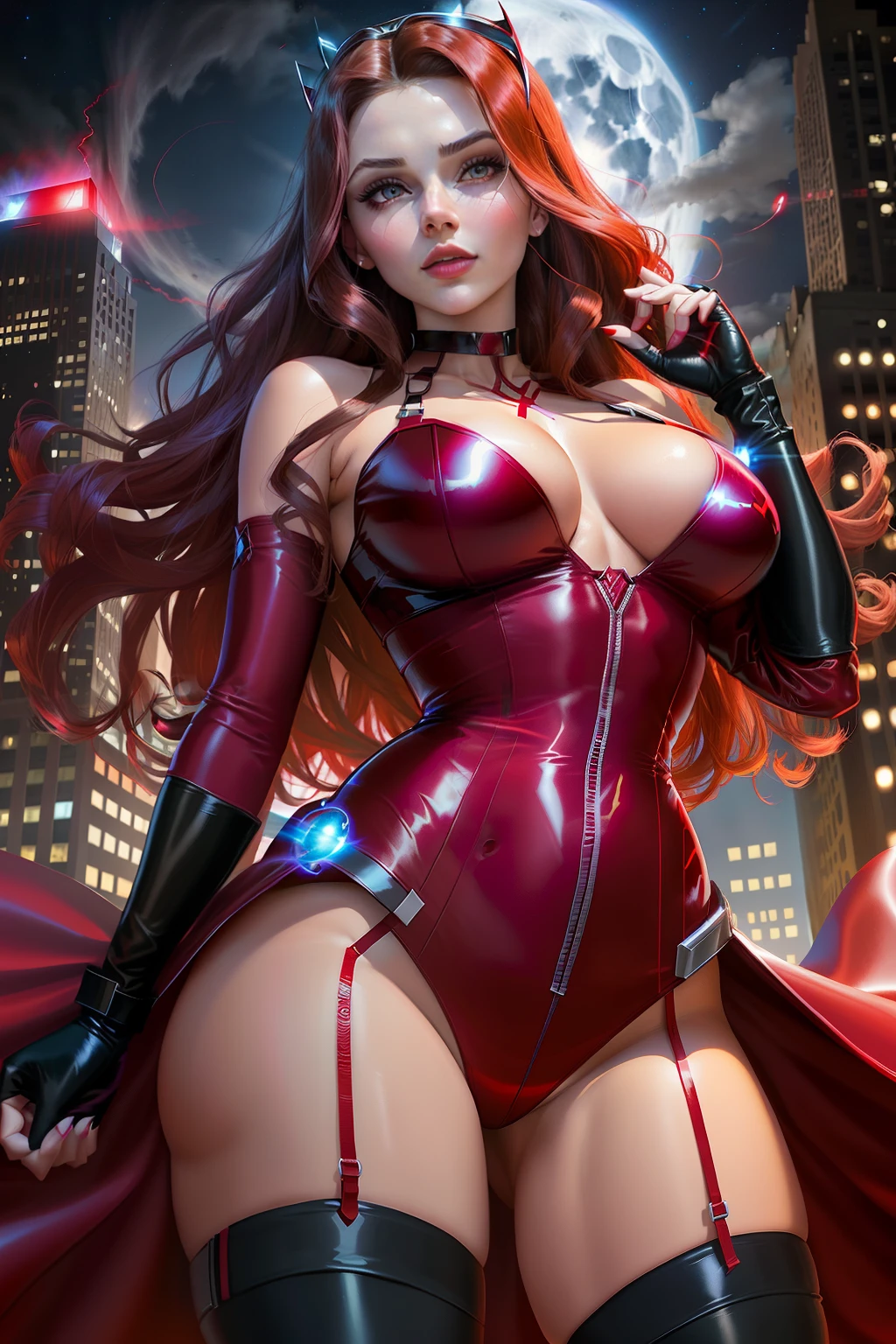 ((Scarlett witch from x-men comic series)) (beautiful face)(glowing eyes)(red lips) ((long brown straight hairstyle))) ((very huge breasts) (perfect slim body) (wears red string body suit, red long stocking))((gloves, choker, tiara)) ((magic hands)) (posing sexy on skycrapper rooftop at night, full moon)) ((Showing backside)) (high definition, amazing lights and shadows) ((masterpiece)) (8k) (perfect face) (best quality) (perfect hands, eyes, and face)((magic power floating around))