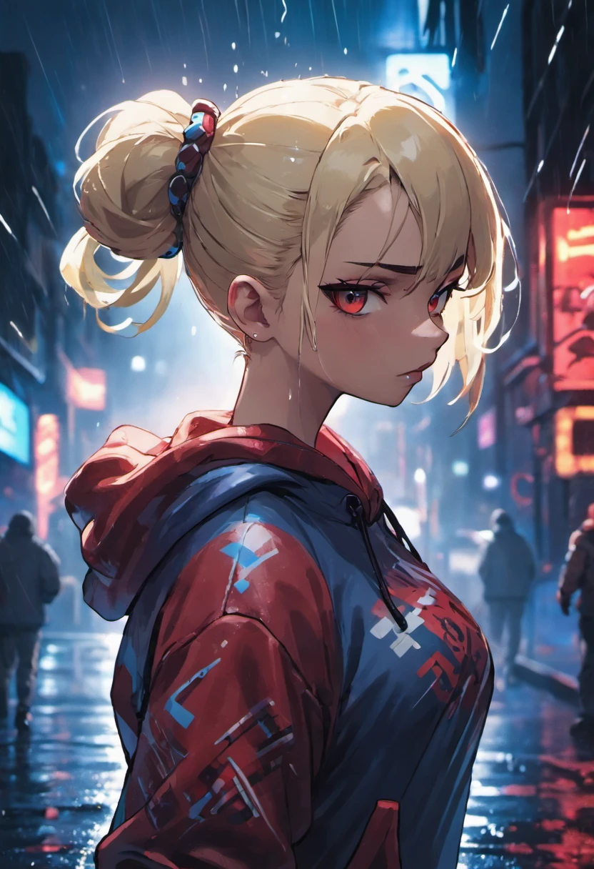 Closeup photograph, confident young cyberpunk woman with blonde and white hair in a bun, wearing a hoodie with red and blue designs on it, in a rain soaked street at night, photorealistic, cinematic lighting
