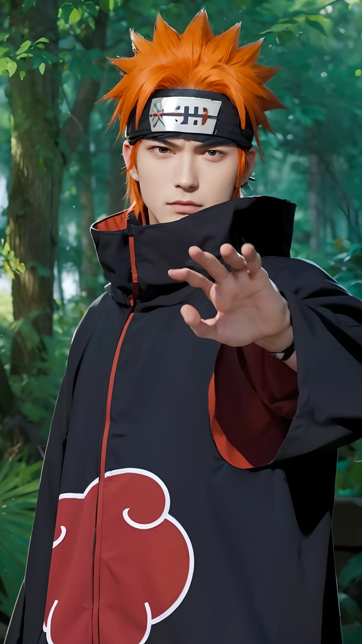 Real life adaption of this character,handsome man face, cool expression, realistic headband,((realistic spiky orange hair)),((realistic same outfit with Akatsuki logo)) , hyper realistic, realistic light, realistic shadow, realism,(photorealistic:1.2), looking to viewer ,