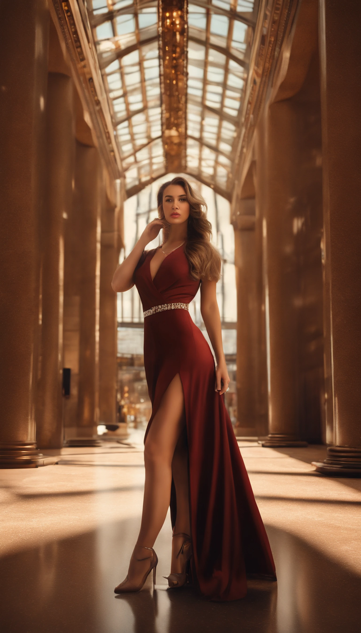 european girl, 25 years old, auburn hair, long wavy hair, red dress, looking at camera, walking down marble staircase,  in front of an opera house, toned body, fitness model, feminine, perfect female body, (an extremely beautiful), (masterpiece), (best quality:1.0), (ultra highres:1.0), realistic shadows, [highres], ultra-detailed, nikon d850, film stock photograph, 4 kodak portra 400 ,camera f1.6 lens, rich colors, hyper realistic, lifelike texture, cinestill 800, evening lights
