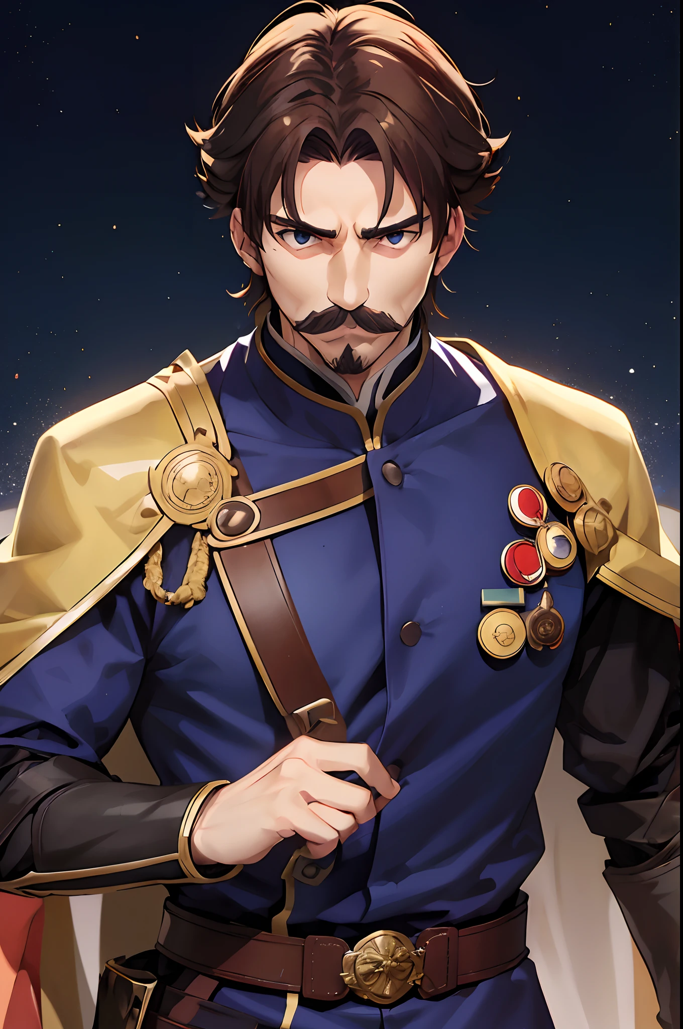 um homem de 30 anos, brown hair, mustache, usa uma roupa de imperador azul escuro, olhos castanhos, anime, Fate Stay Noite stlye.