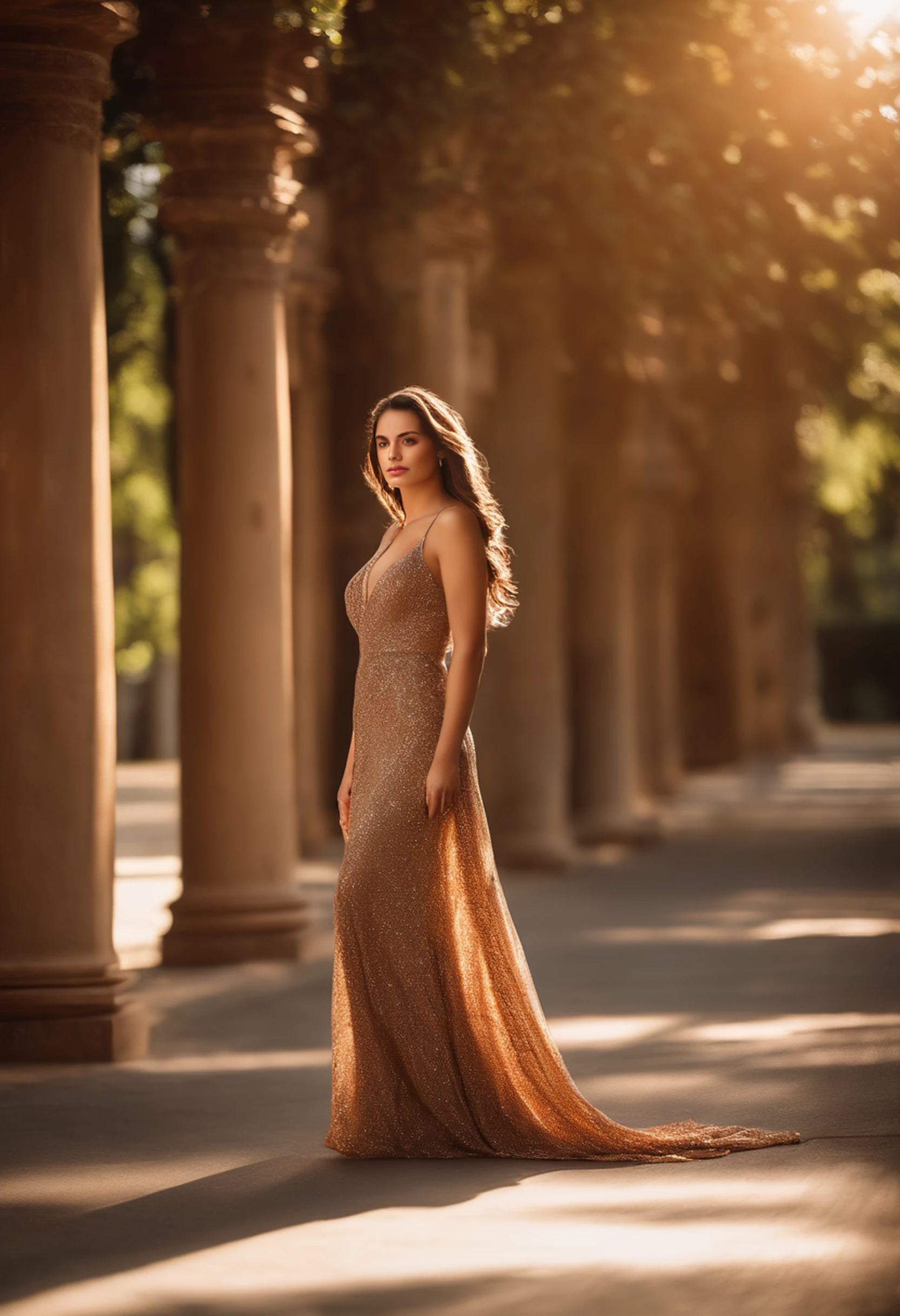 full-length photo Of A Beautiful Woman, Unique long Dress, Vibrant, Depth of field, In Beautiful Dress, (( Natural Light)), (( Sunny Day )),(( Beautiful Clear Brown Eyes )), long Brown Hair, (( Unique Hair Ornament )), In Centre, (( Photorealistic )), DSLR, Highly Detailed, 4k, Extreme Details, Realistic, (( Wide Shot )), full-length photo, full-body shot