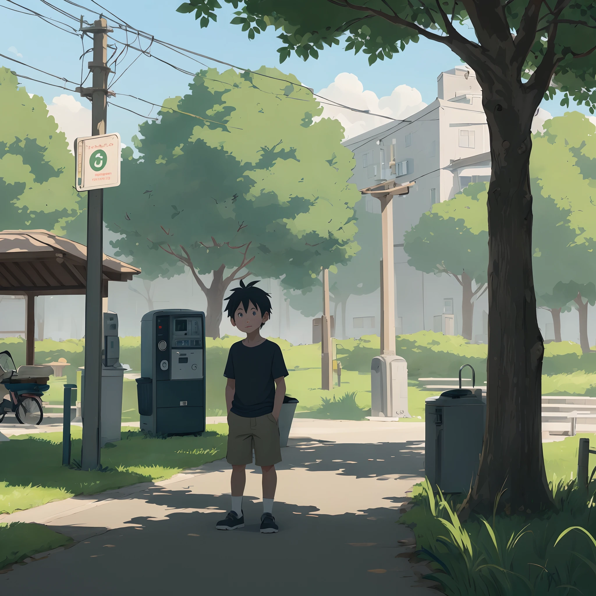 Anime - A small child standing in park style,The background is a lot of trees, telephone poles, concept art of single boy, studio ghibli artstyle, ghibli studio anime style, drawn in anime painter studio, standing in a city center, studio ghibli artstyle, made with anime painter studio, anime style cityscape, in the style of makoto shinkai,((Masterpiece,Best quality)), Cinematic composition, gazebo,vending machines,trash cans,tree trunks,tussock,Wagas