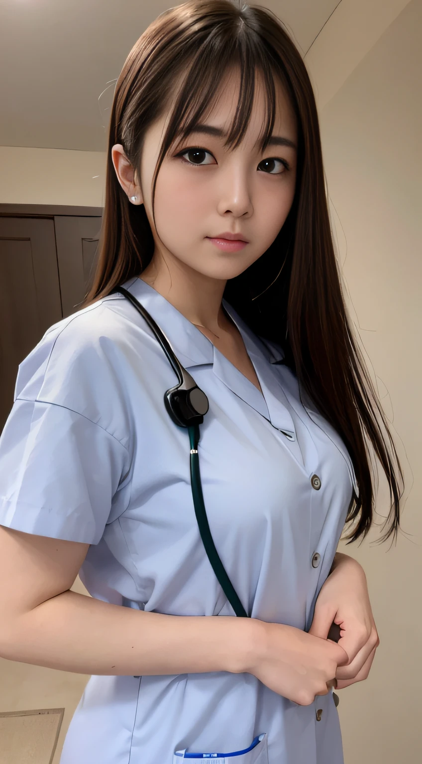 hightquality、​masterpiece、ultra res、a beauty girl、cute girl face、hospitals、nurse、Wearing nurse clothes、full bodyesbian、Famous actresses of Japan、very beautiful face、A sexy