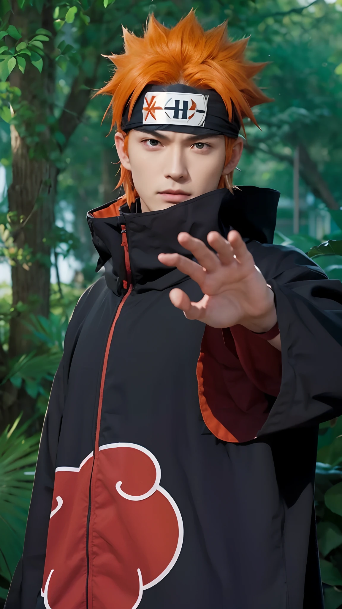 Real life adaption of this character,handsome man face, cool expression, realistic headband,((very realistic spiky orange hair)),((realistic same outfit with Akatsuki logo)) , hyper realistic, realistic light, realistic shadow, realism,(photorealistic:1.2), looking to viewer ,
