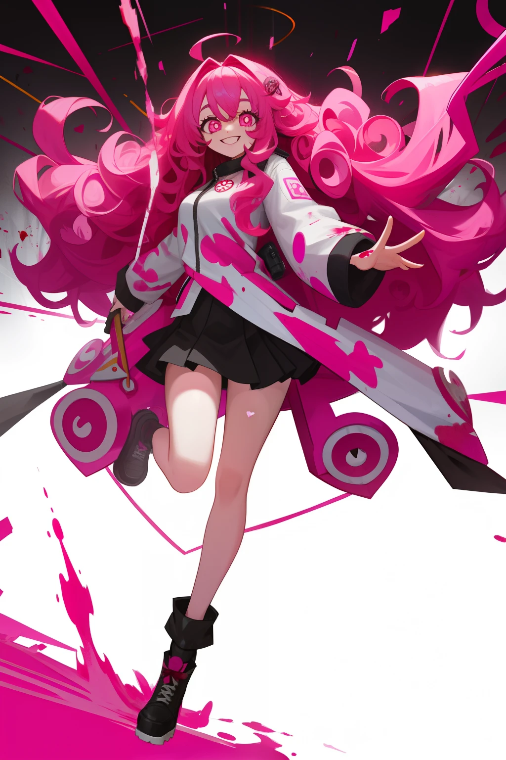 Crazy, girl, long hair, curly hair, pink hair, full body picture, pink eyes, heart shaped pupils, insane smile, blood splatter