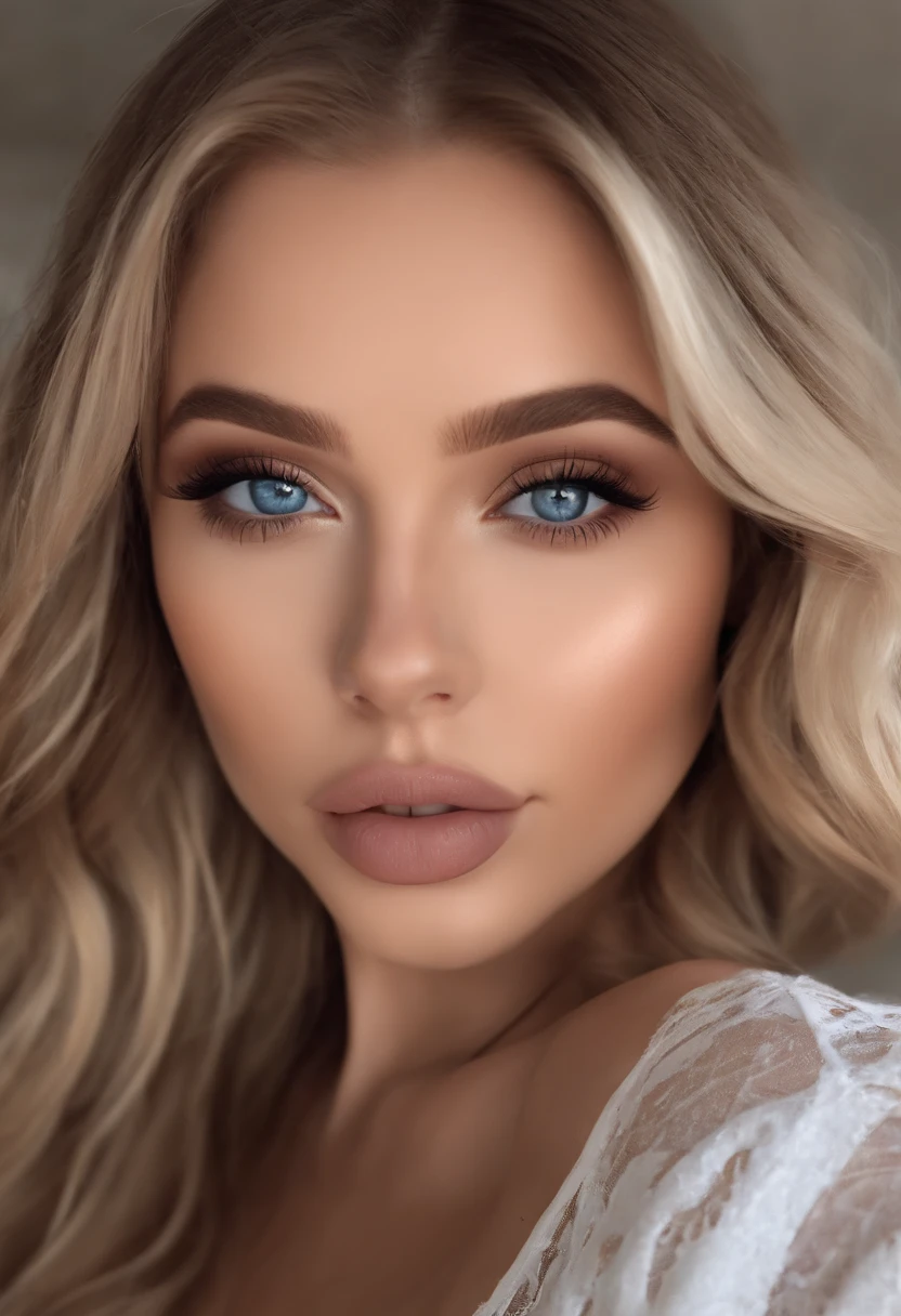 arafed woman fully , sexy girl with blue eyes, ultra realistic, meticulously detailed, portrait sophie mudd, blonde hair and sexy eyes, selfie of a young girl, bedroom eyes, violet myers, with makeup, natural makeup, looking directly at the camera, face with artgram, subtle makeup, stunning full body shot kneeling on bed, in bedroom, large size bust