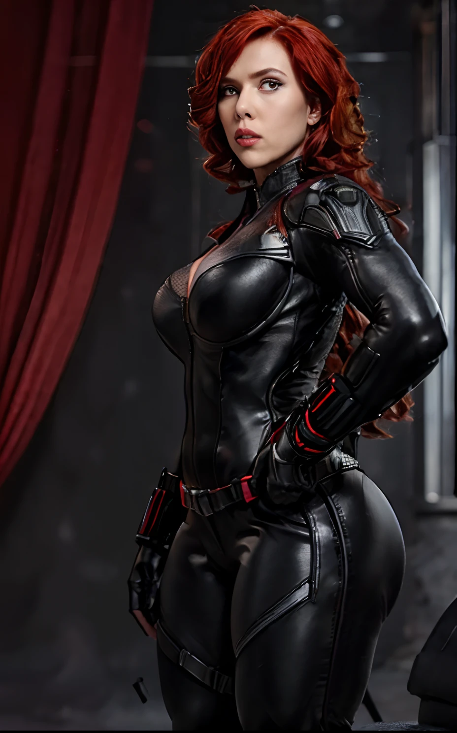 Stunning black widow, tight black suit, black widow suit, iron man 2 movie, red hair, masterpiece, 4 k ,high resolution photo, waist shot, ((droopy breast, skinny waist, thick thigh, wide hips, protruding ass)), perfect body proportion hourglass figure, butt to camera, avenger headquarter background , perfect lighting, realistic photo