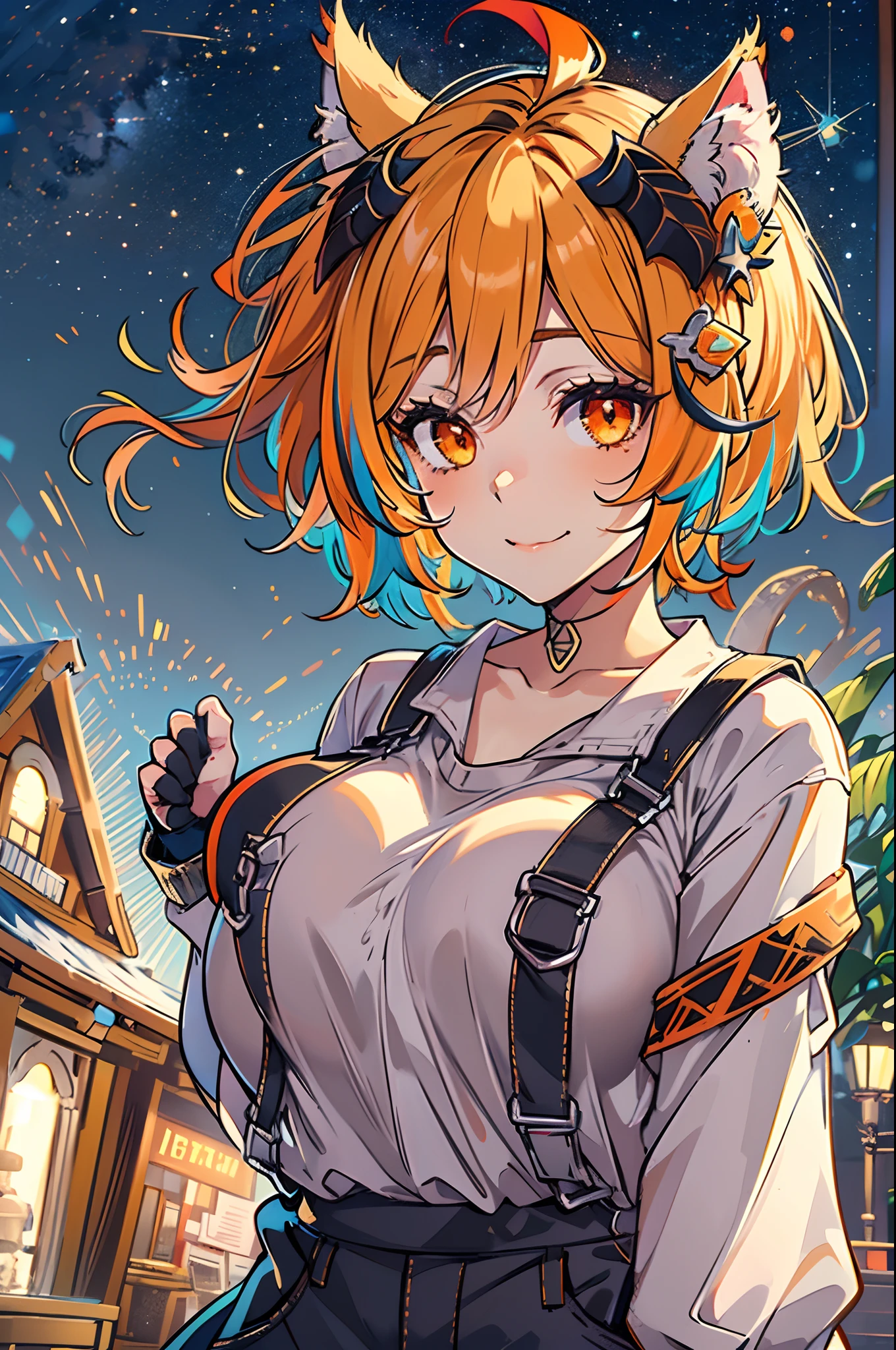 1girll, Smug, (((paw pose))),  ((mountain range in background)), Starry Night Sky , Quaint village square , ((multicolored hair)), Black hair, White hair , ((Oversized breasts)) , (((Demon Girl))), devil horns, Demon tail, Red skin, (((Demon wings))) ,  Animal ears, Tail, hair adornments, (Cat ears), Red eyes, multicolored hair, (((Orange clothing))), Solo, White hair, Short hair, (Cat tail), (fish hair ornament),  Orange hair, Indoors, White shirt, ( orange overalls), hair pin, Sweater, Cat girl, Long sleeves, sanimal ear fluff，((Huge breasts :1.5)