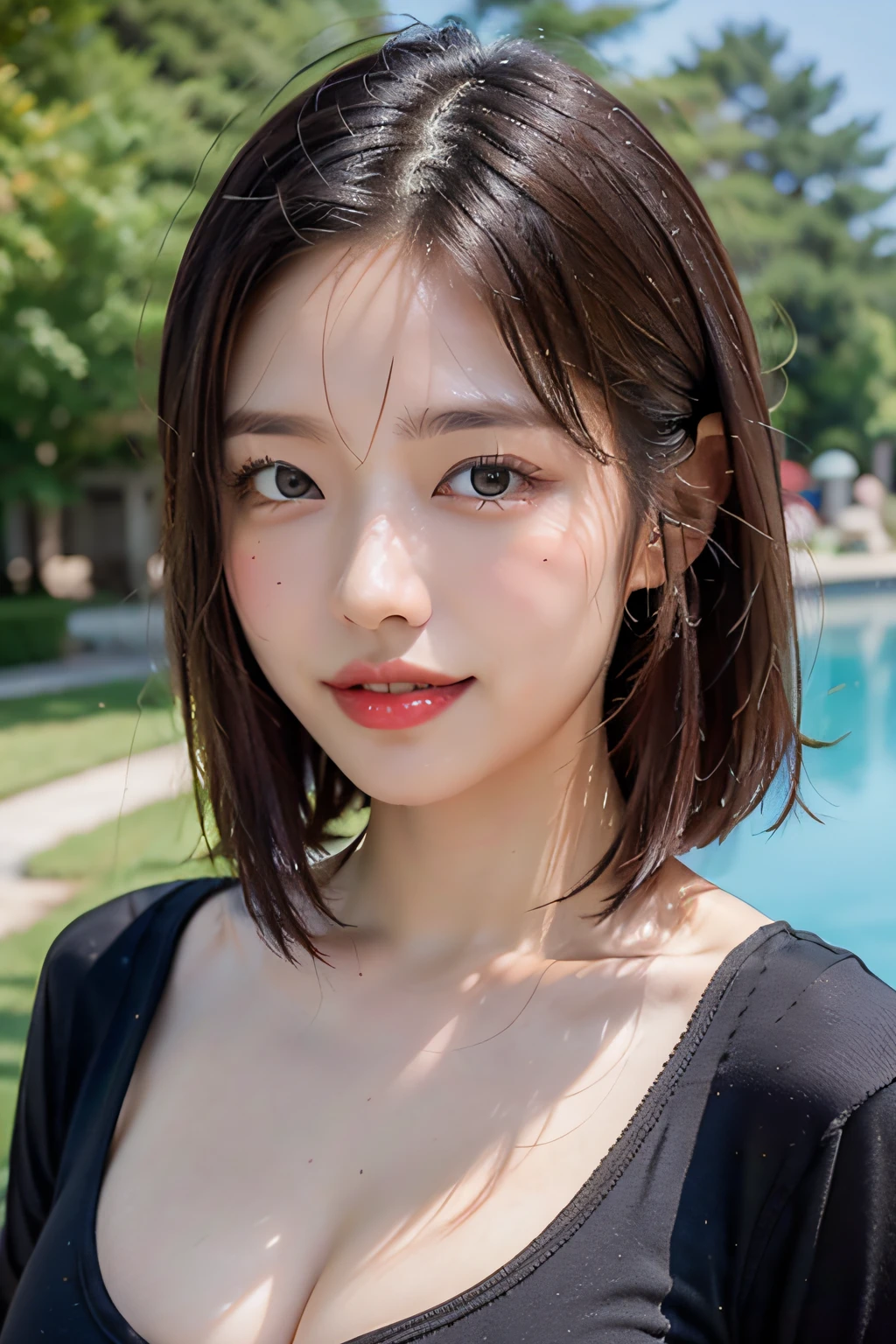 (8K,Raw photography,top-quality,masterpiece:1.2),high-definition RAW color photography,professional photograpy,(realisitic,photoRealstic:1.37),ciinematic light,1girl in,A smile,Upper body close-up,Overflowing breasts,huge-breasted,Breasts overflowing from clothes,Sexy Bikini,short cut hair、Beautiful skin