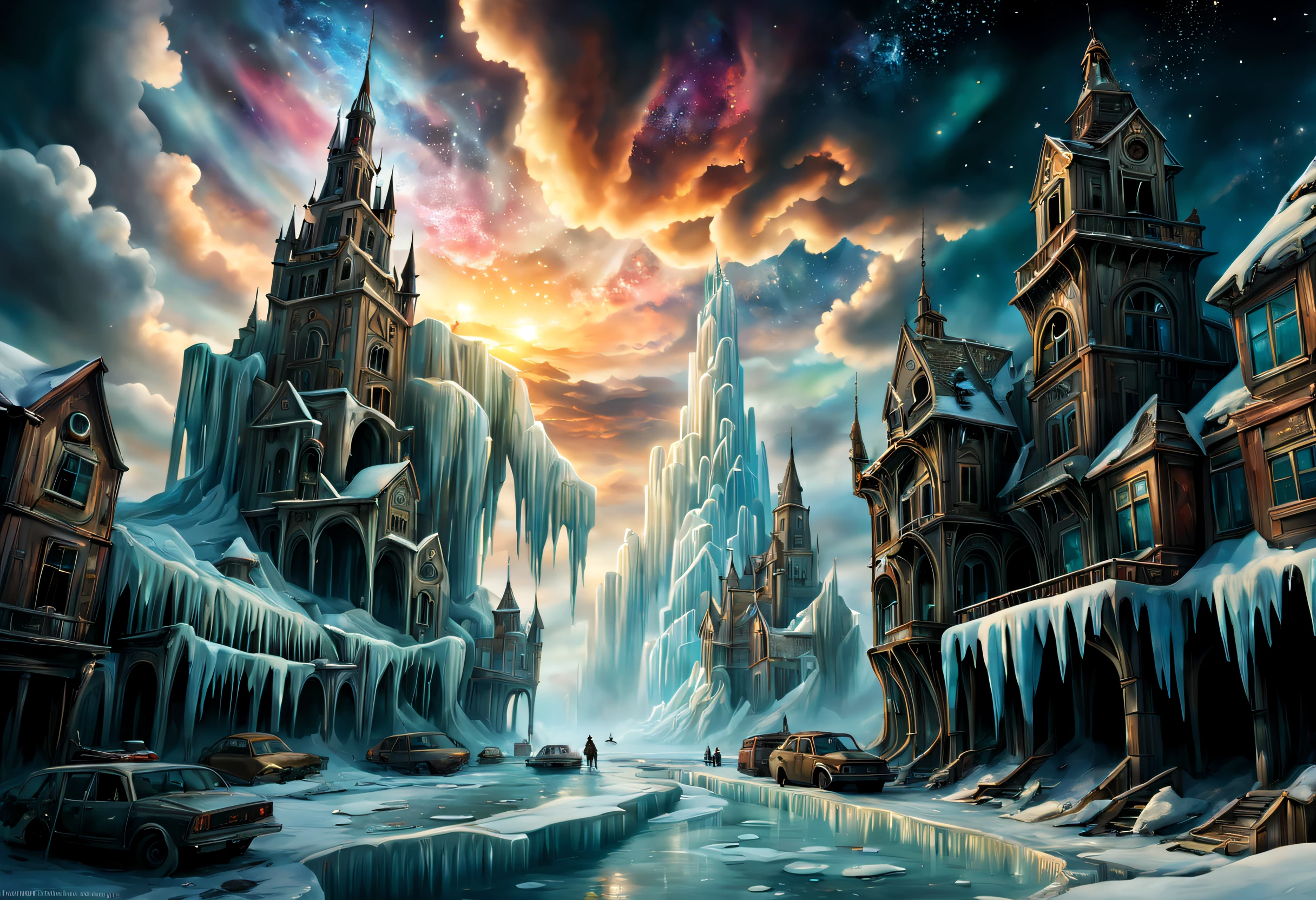 (((Masterpiece))), (((Best quality))), ((intricately details)), ((Hyperrealistic)), ((Faraway view)),Swirling clouds and colorful stars, (Post-apocalyptic world,The frozen apocalyptic city, City on ice, Frozen waterfalls, Frozen streets,Dilapidated buildings,Fantasy theme, Vast ocean,The picture is magnificent), Beautiful background, Light particles, suns rays, Dramatic lighting, Cinematic lighting, (midnight), (Irregular), (mysterious), (ridiculous), Dreamy, Disney, vectorial