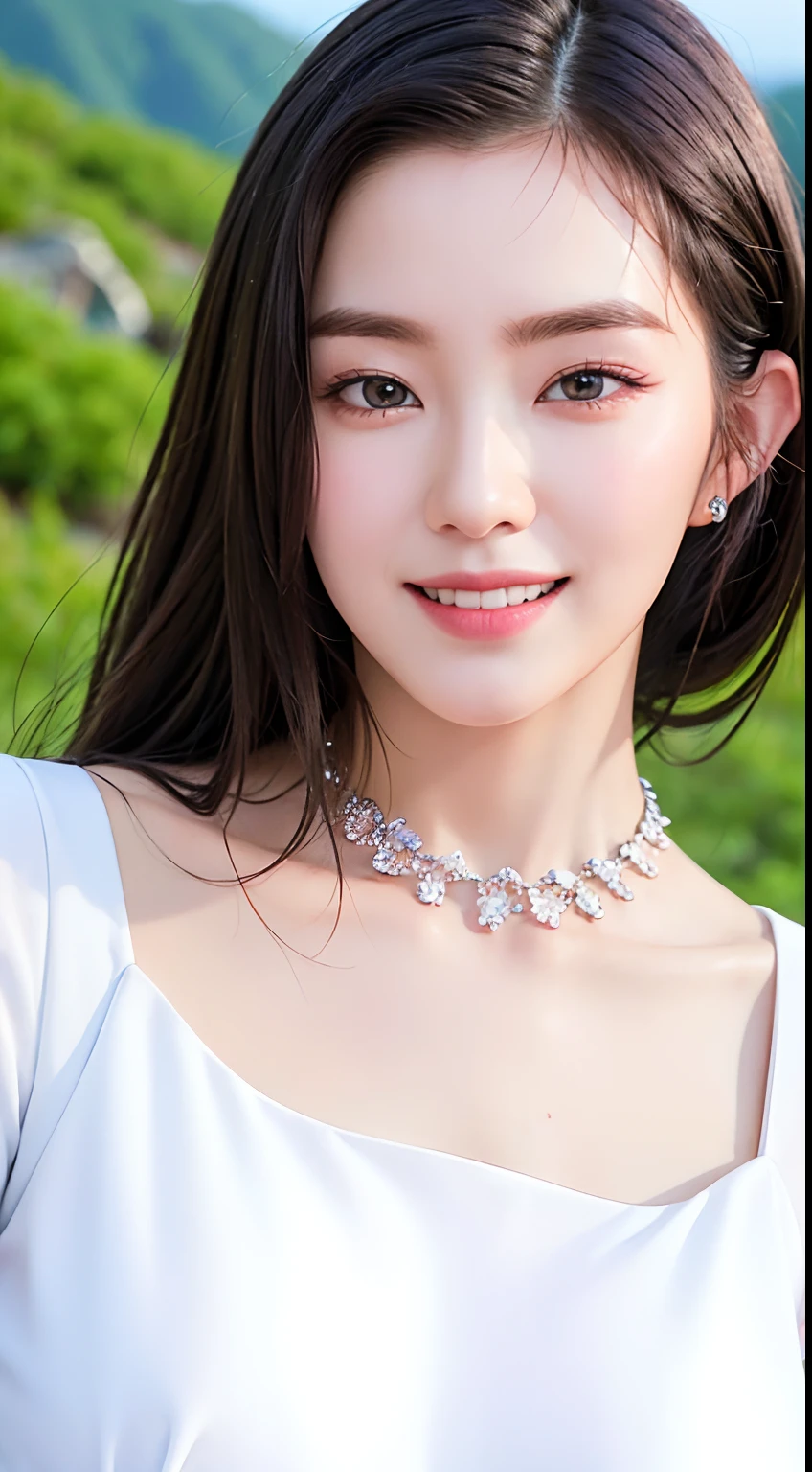 extremely detailed eyes, extremely detailed face, best quality ,masterpiece, extremely detailed, ultra-detailed, (realistic, photo-realistic:1.3), smile, (facing front), looking at viewer, casual outfit, 1girl , at the top of the mountain , beautiful mountain,