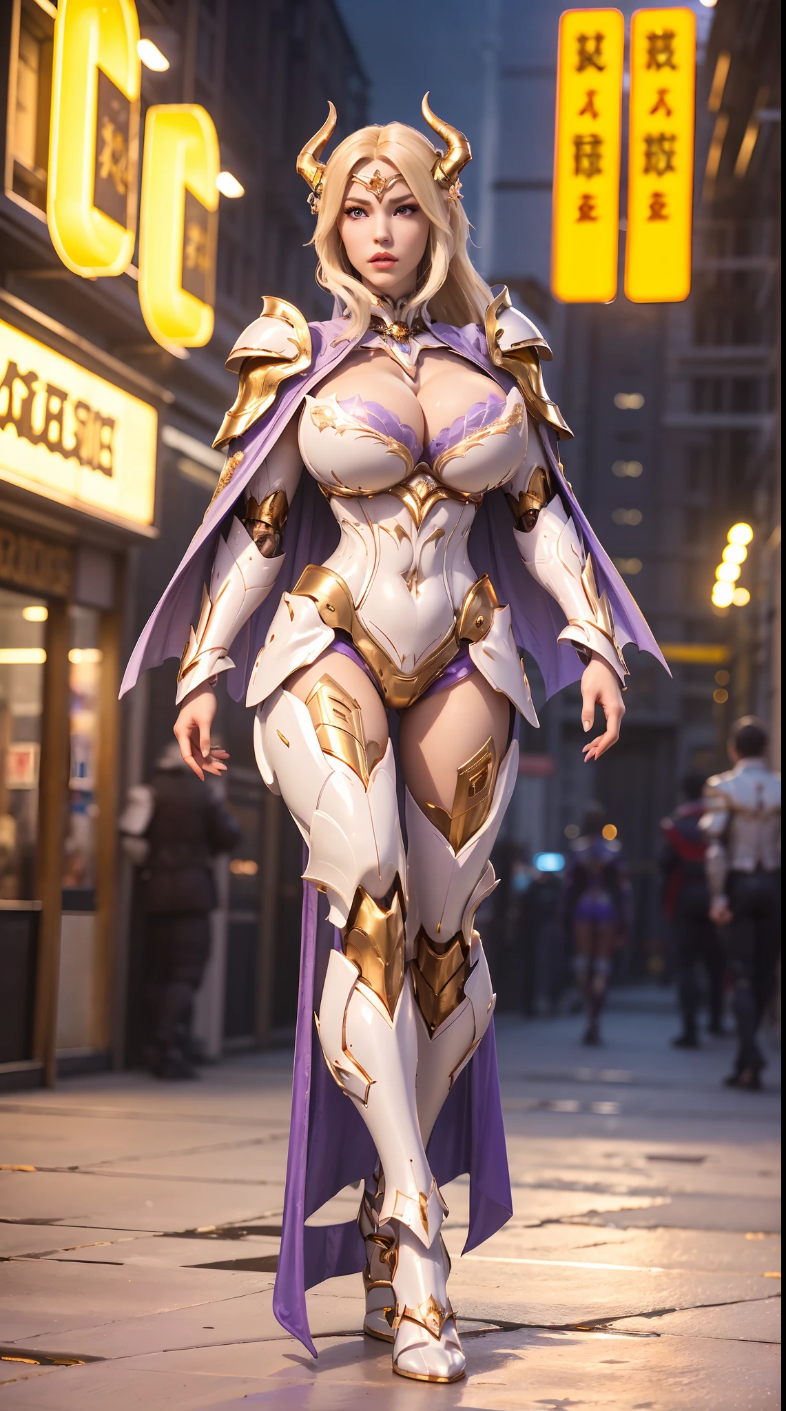 1GIRL, SOLO,(blond hair ponytail, Dragon helmet), (HUGE FAKE BOOBS:1.3), (white, Purple, gold, FUTURISTIC DRAGON MECHA ARMOR SUIT, ROYAL CAPE, CLEAVAGE:1.5), (SKINTIGHT YOGA PANTS, HIGH HEELS:1.2), (NSFW GLAMOROUS BODY, SEXY LONG LEGS, FULL BODY:1.3), (FROM FRONT, LOOKING AT VIEWER:1), (WALKING DOWN ON STREET NIGHT CITY:1.3), PHYSICALLY-BASED RENDERING, ULTRA HIGHT DEFINITION, 8K, 1080P.