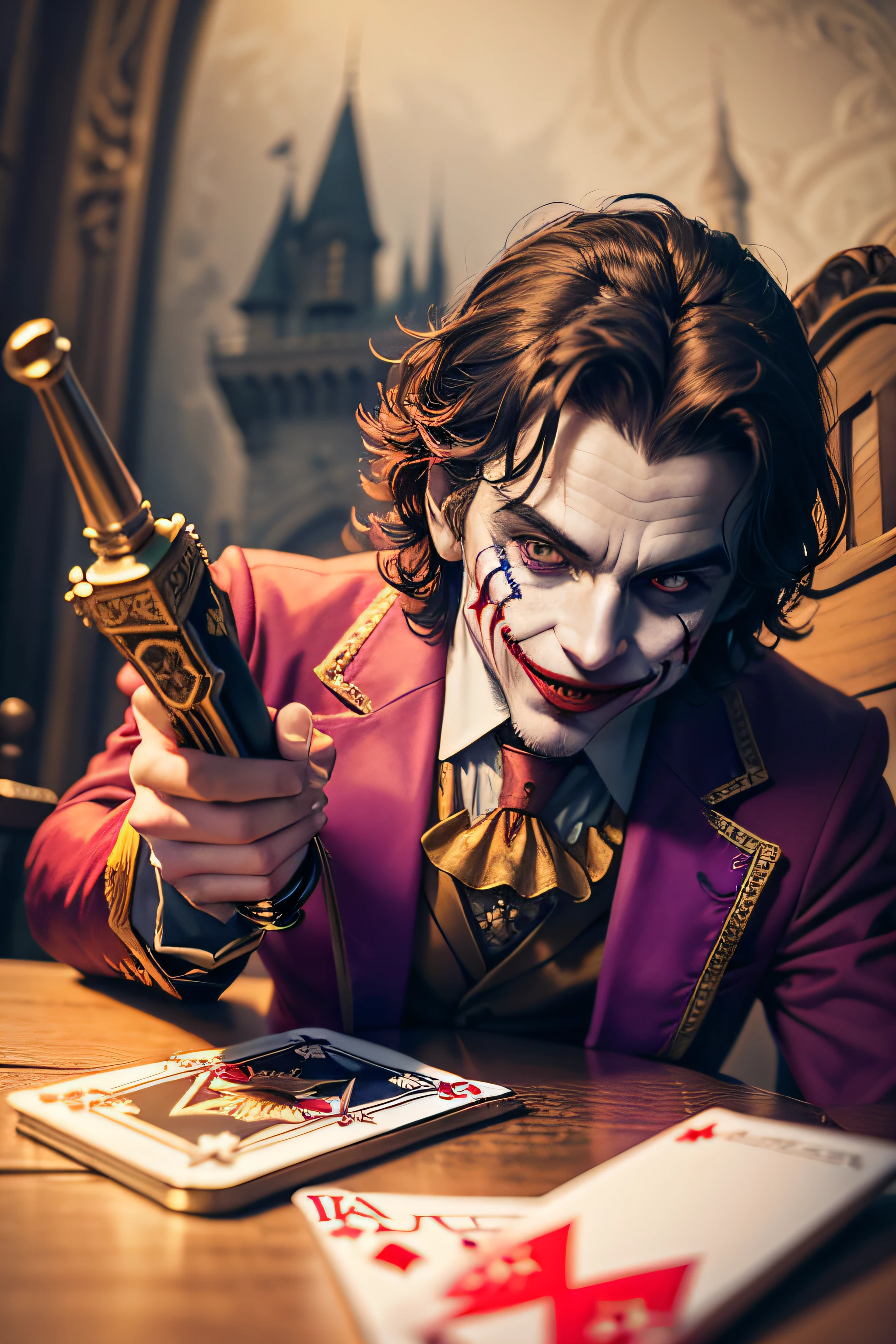 Castelo de cartas, where the King is the Joker of the deck and is laughing with his mouth painted red and holding his funny toy looking revolver